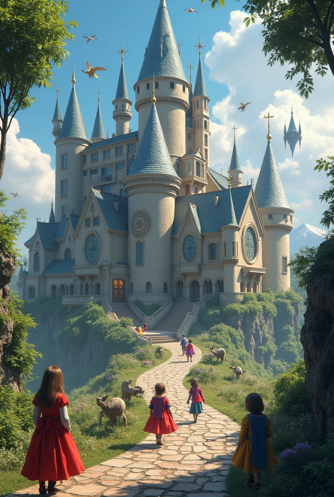 **Wide Shot of Village**: Show the quaint village with old-style houses, surrounded by lush fields and trees.
2. **Ominous Mansion**: Feature the distant mansion on the outskirts, casting a shadow over the village. Generate a high quality realistic seen in Cincinnati 3d style 
2 boy one girl children working 