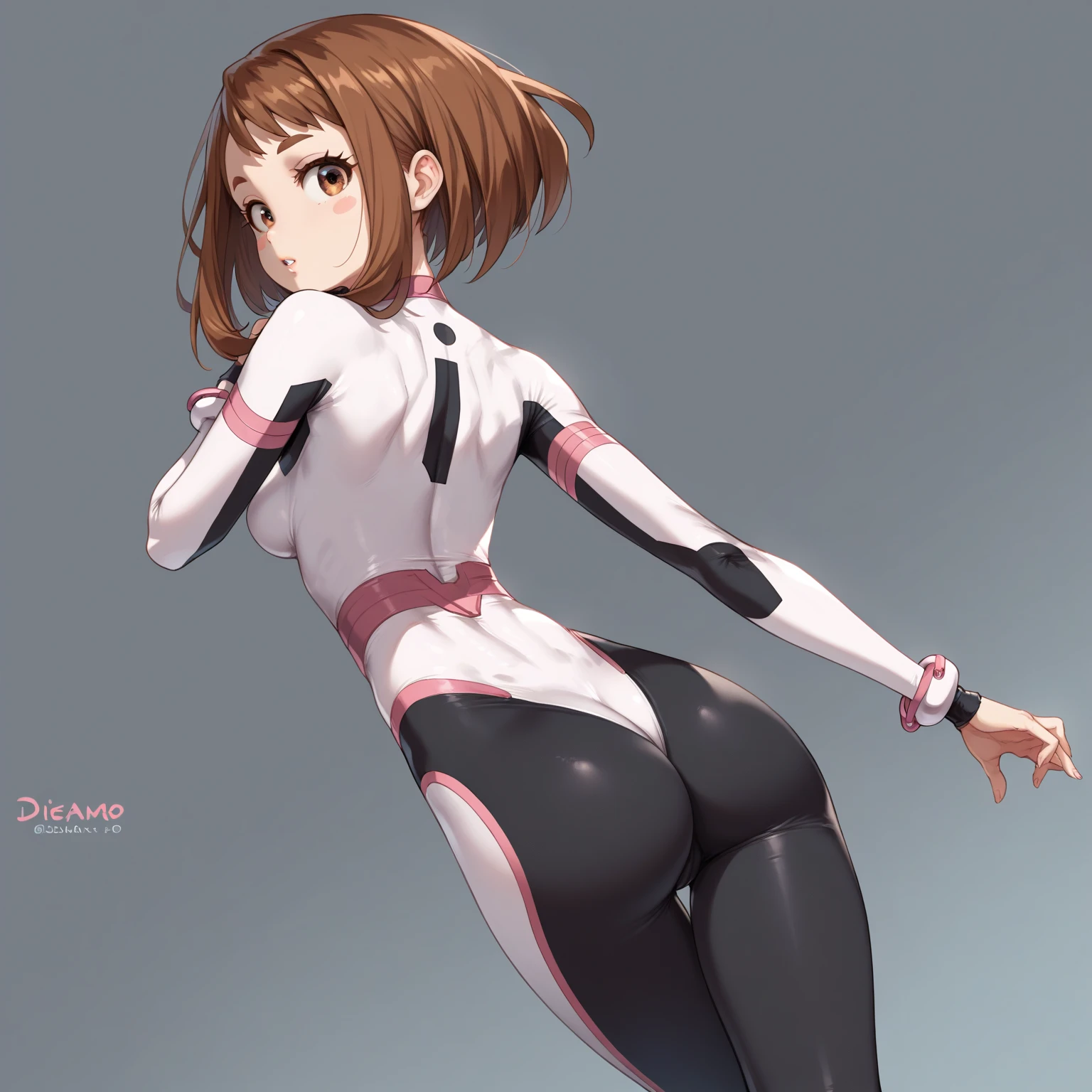 (side angle), ochako uraraka, brown eyes, brown hair, (aego)short hair, blush, blush stickers, bodysuit, skin tight, superhero, slender body, tiny waist. sexy body, sexy figure, slim legs, slim figure, sexy, tiny waist, desireable, tempting, lust, butt, back view, back, dos, fesses , yoga pants, poches arrières pantalon, bottes noires 