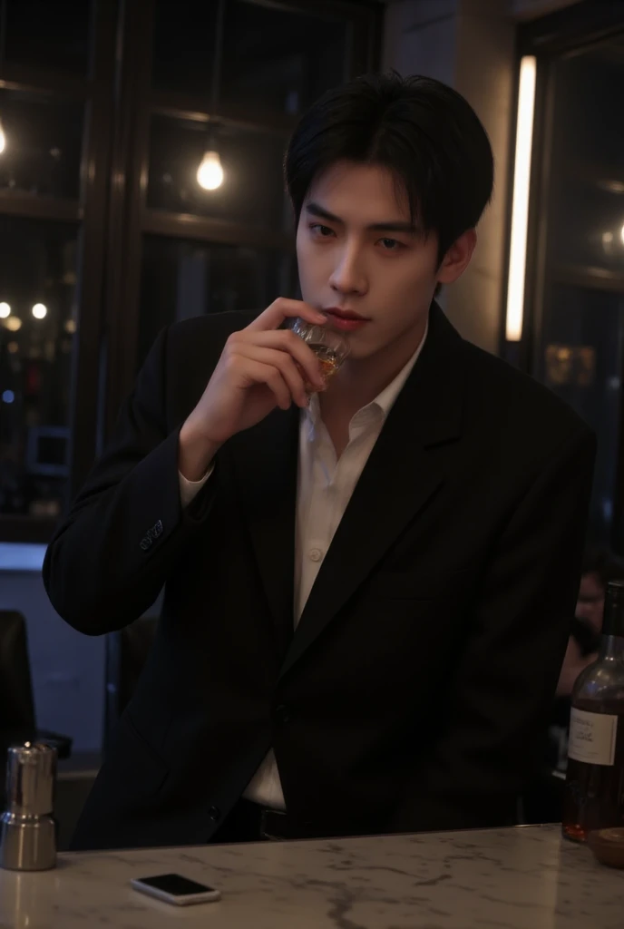 スーツを着たハンサムなアジアの韓国人男性、After work、Handsome Asian Korean man in a suit drinking alone at the bar counter 