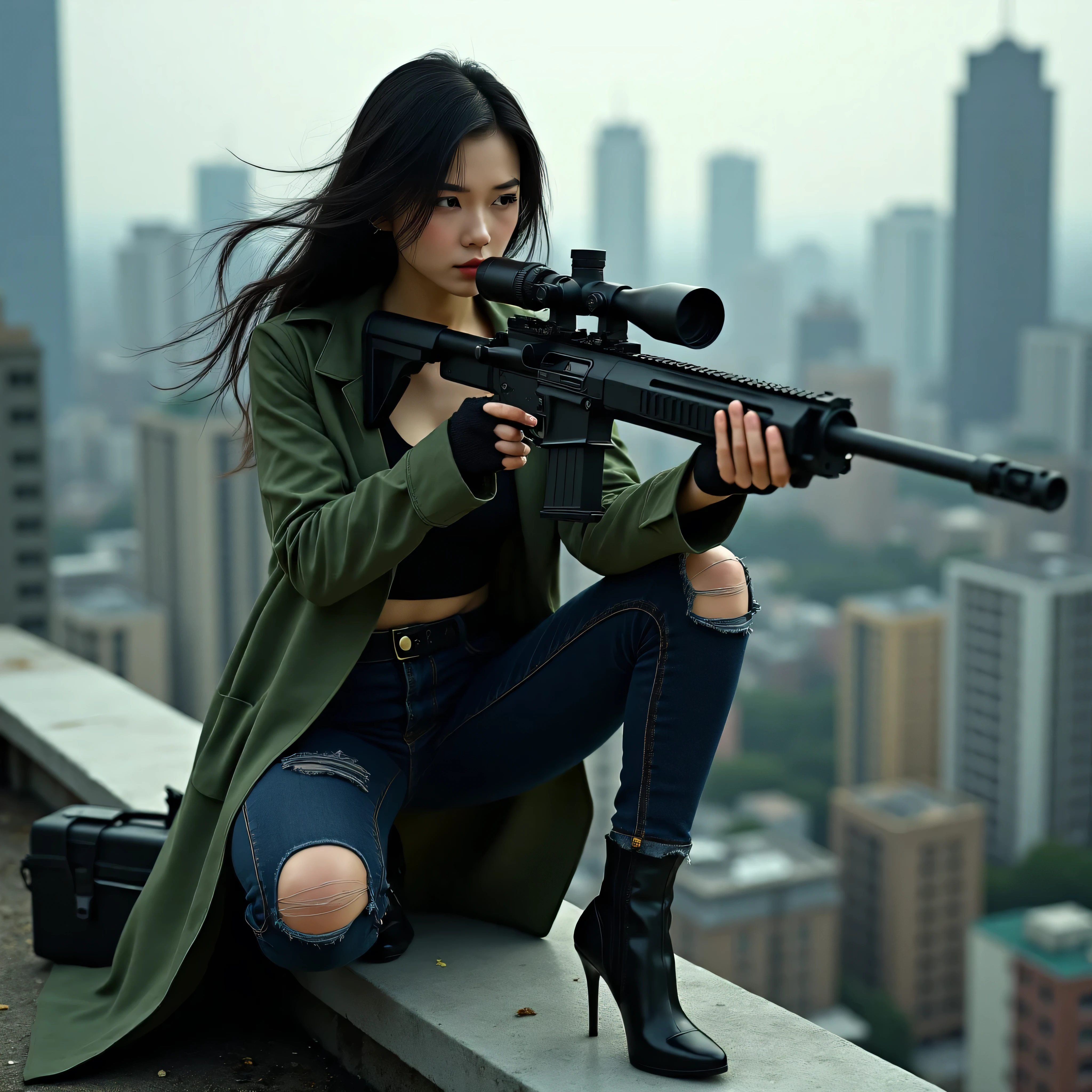 ((( top quality))), (( Realistic Pictures)), ((( Photorealistic))), (( anatomically accurate human body structure)), Realistically, super high resolution , 64k, (( 1 pretty and cool Japanese woman , Incredibly beautiful woman like a famous actress )), (((A sniper rifle with a military scope , AWM, L96A1 :1.5))), (((L96A1 )), (((AWM))), (( 1 Japanese female sniper , I'm wearing a green khaki long coat that is the same color as the color of my military uniform and is holding a sniper rifle with a large military scope , Super Beautiful Woman :1.5)), (( peek into the large scope and holding a sniper rifle )), (( has her butt hidden in a , Age 25, height 155 cm, Realistic white skin)), (Sweat on the forehead), (Quite large bust, F Cup), ( Sweaty Realistic Cleavage ), (((Combat pose:1.5))), (( calmly looking into the scope and carefully aiming at the target:1.4)), Staring at the target, ( detailed face ), (( beautiful straight long black hair fluttering in the wind )), (Very sexy body), ( toned, muscular stomach ), ((I'm wearing a cool green khaki long coat :1.5)), (( The sleeves of the green khaki long coat are rolled up to the elbow :1.4)), Muscular arms, Black Tank Top, ( showing sweaty cleavage ), ( Black Tank Topの下からほんの少し引き締まった腹部とおへそが見える), dark navy blue slender jeans that have faded slightly , the knee part of my jeans is worn out and it's torn just a little bit , black half boots with high heels , (( gun holster with automatic pistol Glock19 on the belt )), (Spare magazine case ), ((( Fingertip Type Black Leather Gloves :1.5))), black tech headset , Sniper rifle, (( the index finger of the right hand touches the trigger )), ((Inside the fence on the roof of an office building :1.5)), (( a cool pose of shooting at a target in a neighboring building from a gap in a high fence :1.5)), (((( standing inside a fence on the roof of a high-rise building , standing on the edge of a rooftop I'm holding my rifle downwards while looking into the large scope and aiming:1.5)))), ((I'm putting the sniper rifle out of the fence)), (((( I'm standing on my left knee at the rooftop end of a high-rise building and sitting with my right knee down and holding a sniper rifle diagonally downward :1.4)))), (( holding a sniper rifle with the muzzle facing diagonally downward :1.4)), urban background showing surrounding skyscrapers , cinematic footage , Aggressive Atmosphere , ( Photorealistic:1.5), shot with a 35mm wide-angle lens , ((Stains from sweat and mud all over the body )), ((shooting earmuffs with red line)), (Black intercom and black headphones ), Strong wind is blowing and the long coat and tank top are swaying , The subject is spotlight , catchlight with realistic eyes , A large black long case for military binoculars and sniper rifles is placed next to the woman , Accurate hand shape, Accurate hand finger shape , Accurate finger count