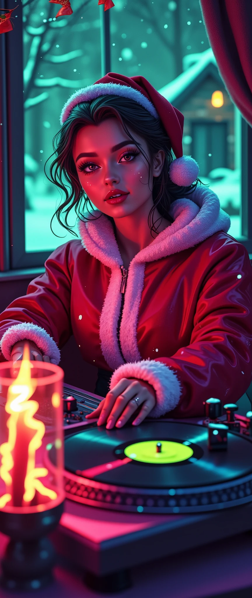 (masterpiece:1.2,Superior Quality, RAW photos ),8k,16k, wallpaper,(The background is a cottage:2.0), Christmas tree,fireplace,vintage record player , 50s turntable and record player、 santa costume 、 beautiful female DJ with open mouth :2.0),(female zJ :2.0), Vector art , Simple Design ,( It's snowing outside the window :2.0),sexy, Neon Eye, Neon Body, Neon Hair, (( Monochrome Fluorescent Red , green, purple color palette )),(( Vector art)),(( flat design )),JAZZ HOUSE