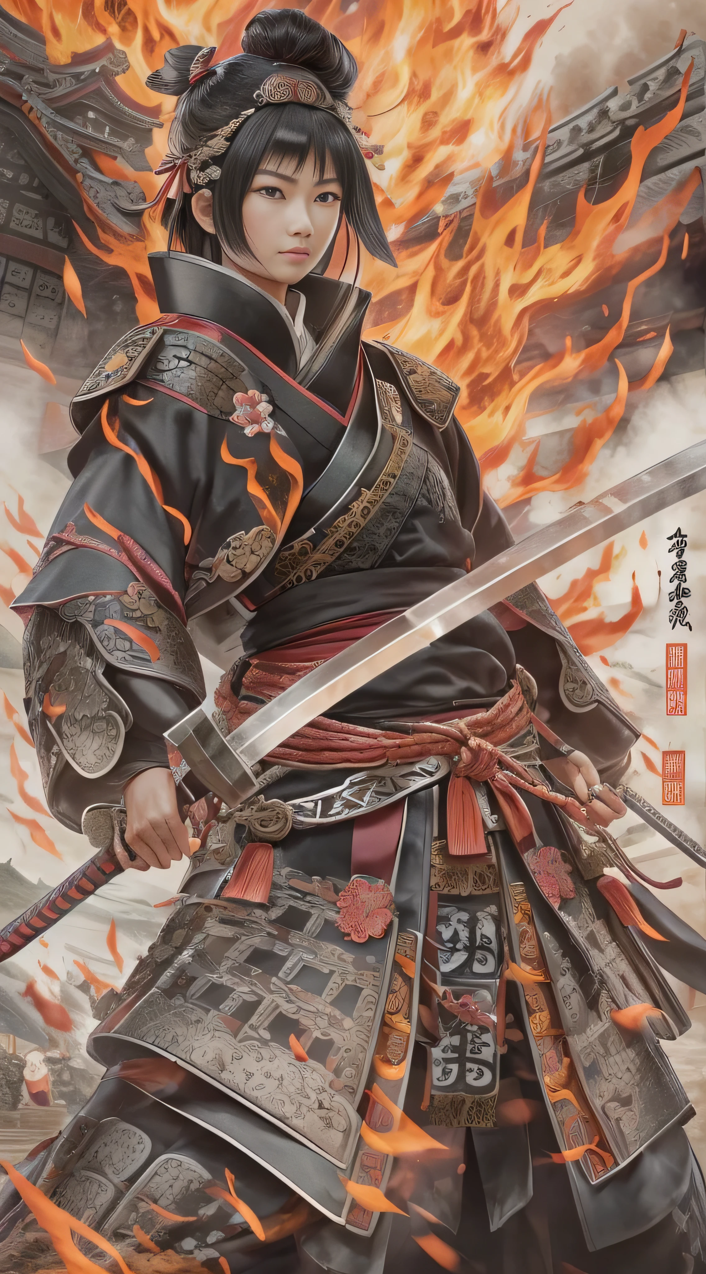  in high-definition images, Battlefields in the Sengoku period 、 Details of rich battle patterns , masterpiece, 8k,  Noichi at the mercy of Genki Nobunaga in the Sengoku period 、 A beautiful Kunoichi wearing a black costume is standing in front of the flames, Dancing, (Ishiyama Honganji Castle is burning,) Castle engulfed in flames ,  burning,  Kinki region in the Sengoku period 、Genki 3 ( Battle at Ishiyama Honganji Temple )。