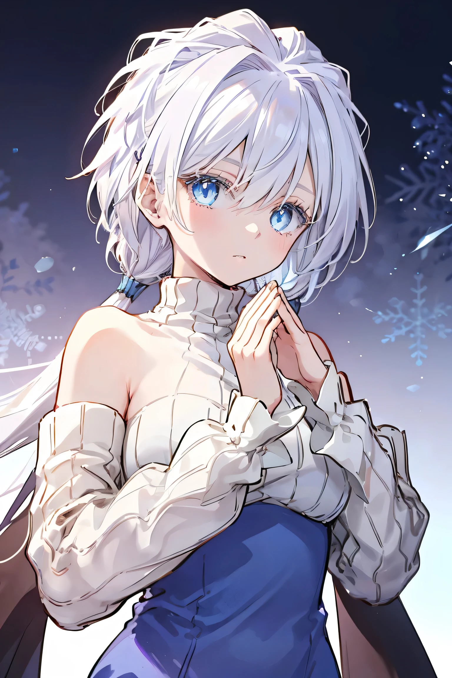 Young woman, long flowing white hair, blue eyed tinged with a shade of lavender, delicate skin, perfectly shaped hands, detailed hands covered in an icy aura. life-like portrayal, cold glinted eyes, masterfully crafted features, black cloak, black and cold detached sleeves, medium length combat dress, turtleneck jumpsuit, golden ornaments