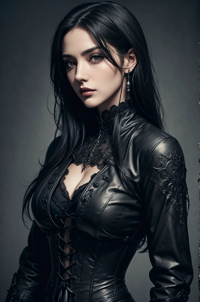 1 European woman, she wears a black corset over a black leather coat in gothic style, pretty face, ultra detailed face eyes, hyperrealistic, realistic representation, she is 30 years old