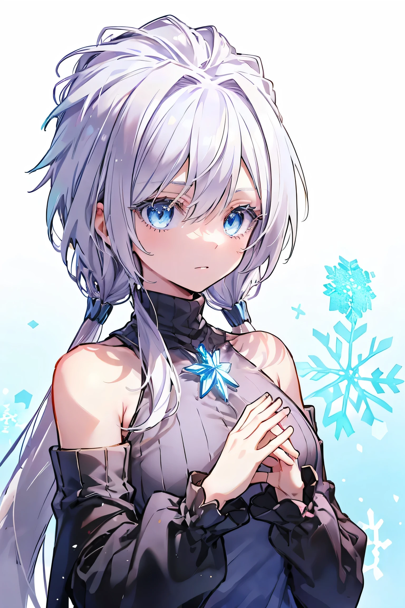 Young woman, long flowing white hair, blue eyed tinged with a shade of lavender, delicate skin, perfectly shaped hands, detailed hands covered in an icy aura. life-like portrayal, cold glinted eyes, masterfully crafted features, black cloak, black and cold detached sleeves, medium length combat dress, turtleneck jumpsuit, golden ornaments