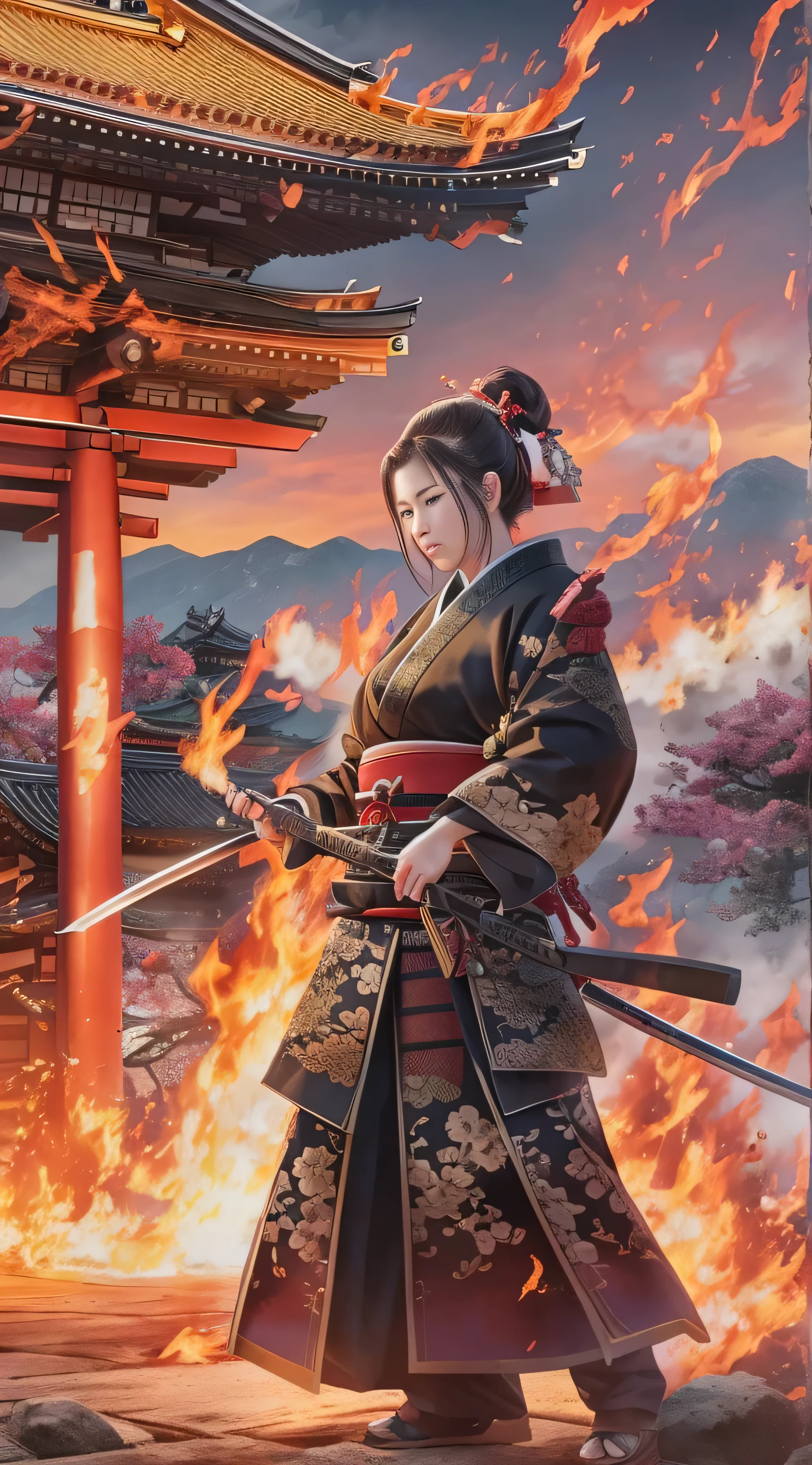  in high-definition images, Battlefields in the Sengoku period 、 Details of rich battle patterns , masterpiece, 8k,  Noichi at the mercy of Genki Nobunaga in the Sengoku period 、 A beautiful Kunoichi wearing a black costume is standing in front of the flames, Dancing, (Ishiyama Honganji Castle is burning,) Castle engulfed in flames ,  burning,  Kinki region in the Sengoku period 、Genki 3 ( Battle at Ishiyama Honganji Temple )。