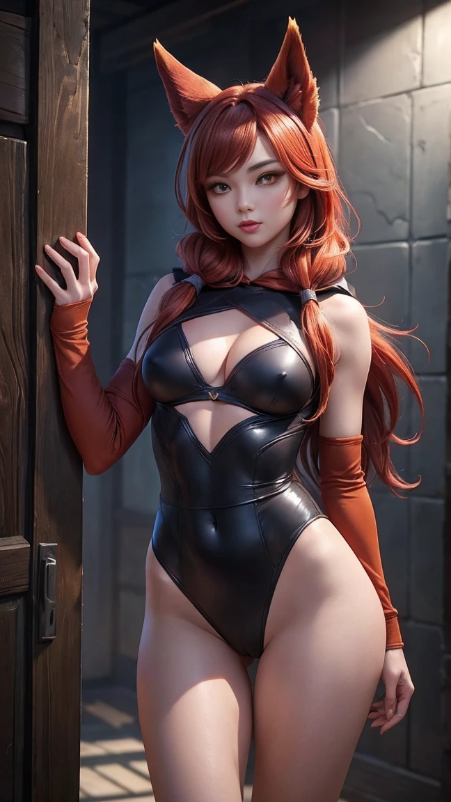 (masterpiece),  1 woman, 3d, Afterimage  ,  발가bare chest,  Ninja Throat , bare shoulders , Leotard,  nipples exposed,리그오브레전드 Victory ,깃털의 짙은 분홍색 Leotard, sexy pose,sexy pose, camel toe  ,(( bare chest )), (  orange eyes  ), (animal ears), (( big )), pretty face, (Divide ), (Hoodie), (...headland), Red hair,   realistic, pretty, sexy, All clothes  ,   cowboy shot  ,    split sleeves   ,   I'm holding it  , Victory  (  League of Legends  ), lips,   long hair, Alone