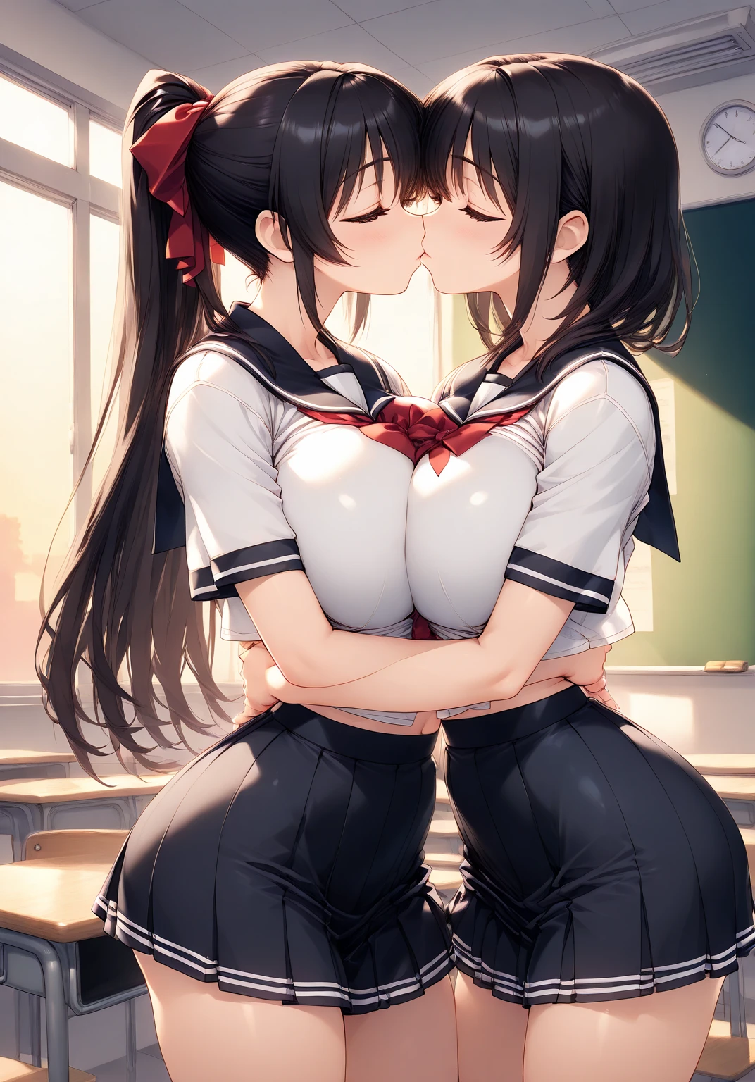  The Best Quality ,  source _anime,  Masterpiece, NSFW, White anime woman with short hair and bob cut with medium breasts ,  thin waist and big ass dressed in school uniform with short skirt hugging and kissing an anime boy with black hair and black clothes in the classroom at dusk