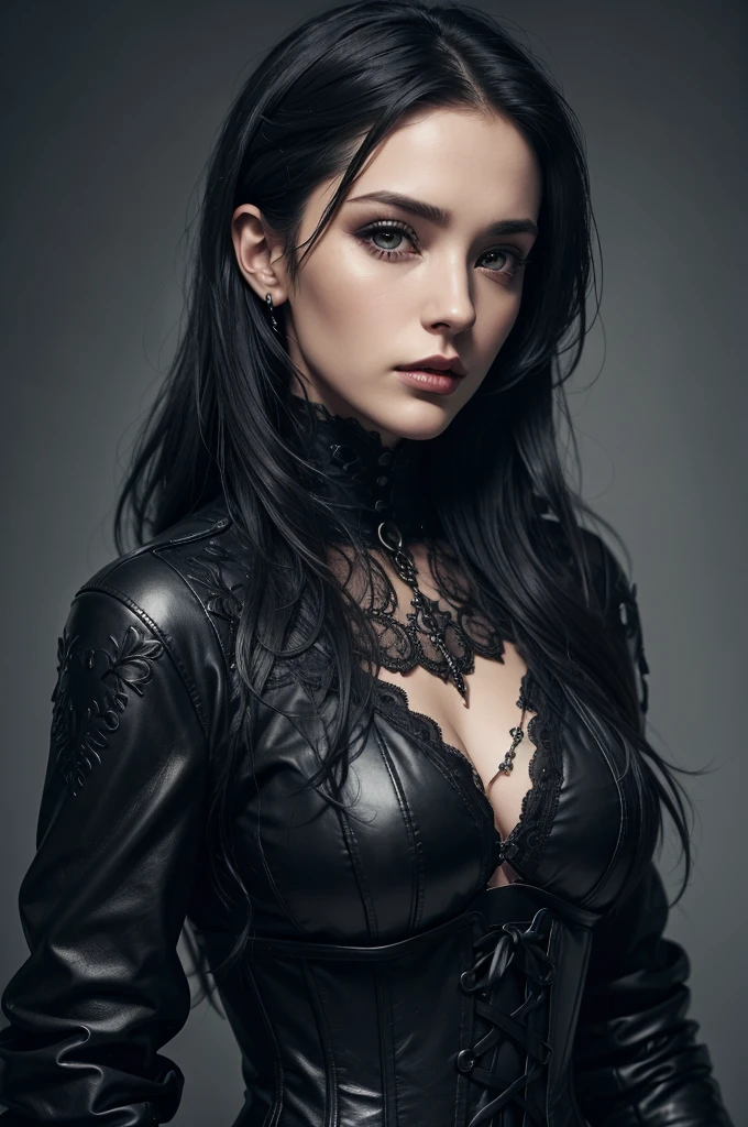 1 European woman, she wears a black corset over a black leather coat in gothic style, pretty face, ultra detailed face eyes, hyperrealistic, realistic representation, she is 30 years old