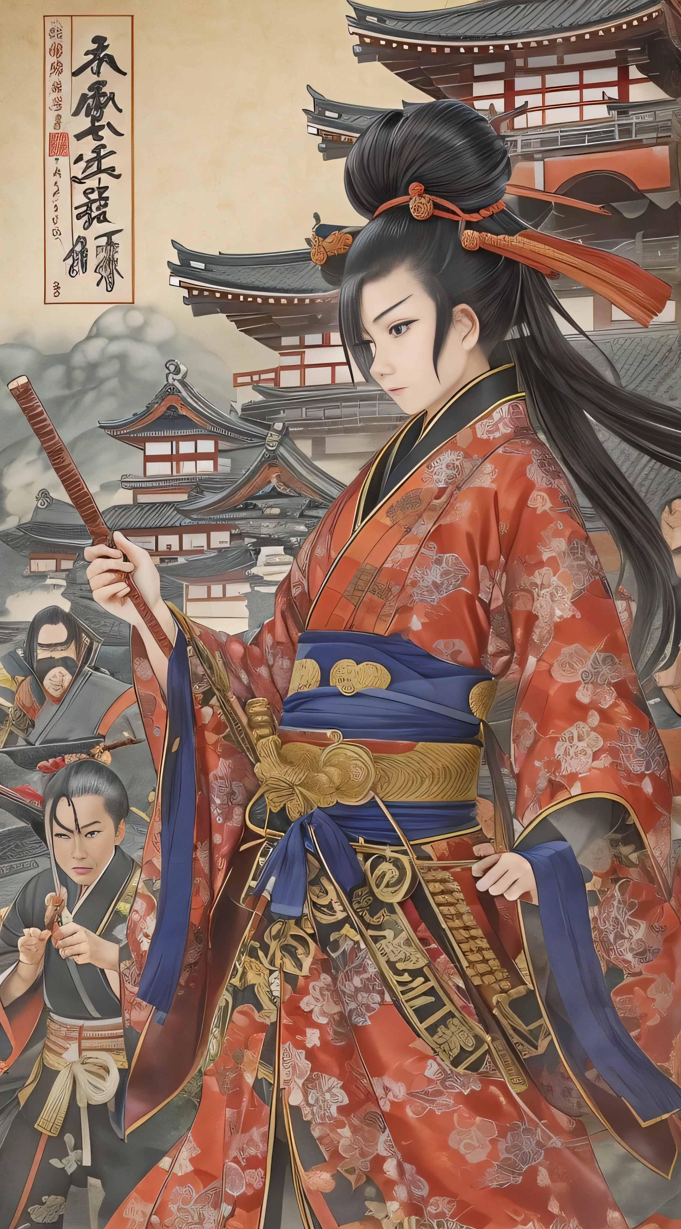  in high-definition images, A turbulent battlefield in the Sengoku period 、 Details of rich battle patterns , masterpiece, 8k,  Noichi at the mercy of Genki Nobunaga in the Sengoku period 、 A beautiful Kunoichi wearing a black costume is standing in front of the flames, Dancing, (Ishiyama Honganji Castle is burning,) Takunoichi to be engulfed in flames ,  burning,  Kinki region in the Sengoku period 、Genki 3 ( Battle at Ishiyama Honganji Temple )。