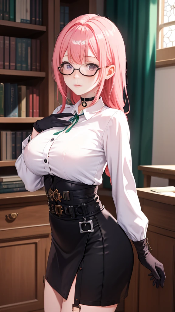 1 girl, Yanagi Tsukishiro , Alone, standing,  beautiful breasts , sensual lips,  pink hair,  seen from the front,  looking at the spectator,  beautiful eyes ,  detailed eyes , purple eyes, simple samurai shoulder pad , glasses,  choker :1.6, ( black gloves),  shiny high waist mini skirt,  white shirt with collar,  dark green neck strap,  shy expression ,  gunman shot, Gothic style library ,  dark gothic style 