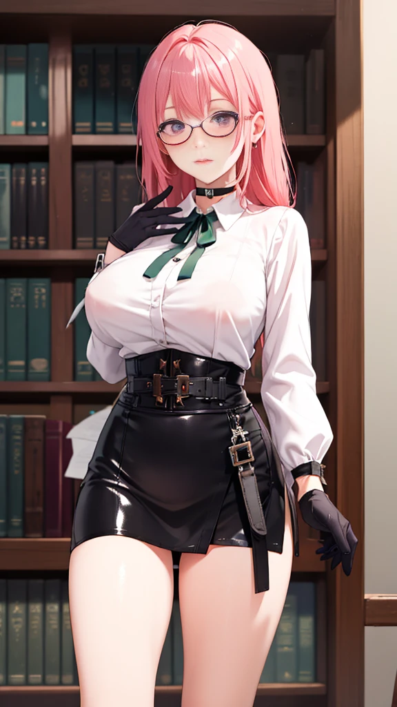 1 girl, Yanagi Tsukishiro , Alone, standing,  beautiful breasts , sensual lips,  pink hair,  seen from the front,  looking at the spectator,  beautiful eyes ,  detailed eyes , purple eyes, simple samurai shoulder pad , glasses,  choker :1.6, ( black gloves),  shiny high waist mini skirt,  white shirt with collar,  dark green neck strap,  shy expression ,  gunman shot, Gothic style library ,  dark gothic style 