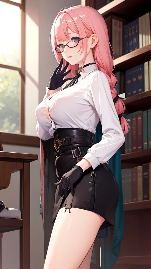 1 girl, Yanagi Tsukishiro , Alone, standing,  beautiful breasts , sensual lips,  pink hair,  seen from the front,  looking at the spectator,  beautiful eyes ,  detailed eyes , purple eyes, simple samurai shoulder pad , glasses,  choker :1.6, ( black gloves),  shiny high waist mini skirt,  white shirt with collar,  dark green neck strap,  shy expression ,  gunman shot, Gothic style library ,  dark gothic style 