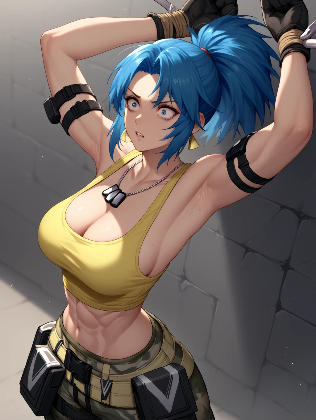 PonyLeona, dark yellow tank top, midriff, cleavage, camouflage pants, triangle earrings, black gloves, looking at armpit, parted lips, blue hair, ponytail, dog tags, military background, armpit open up, hands tied, scared facial expression, muscular, shoulder bracelet, tied to the wall, stick on the wall