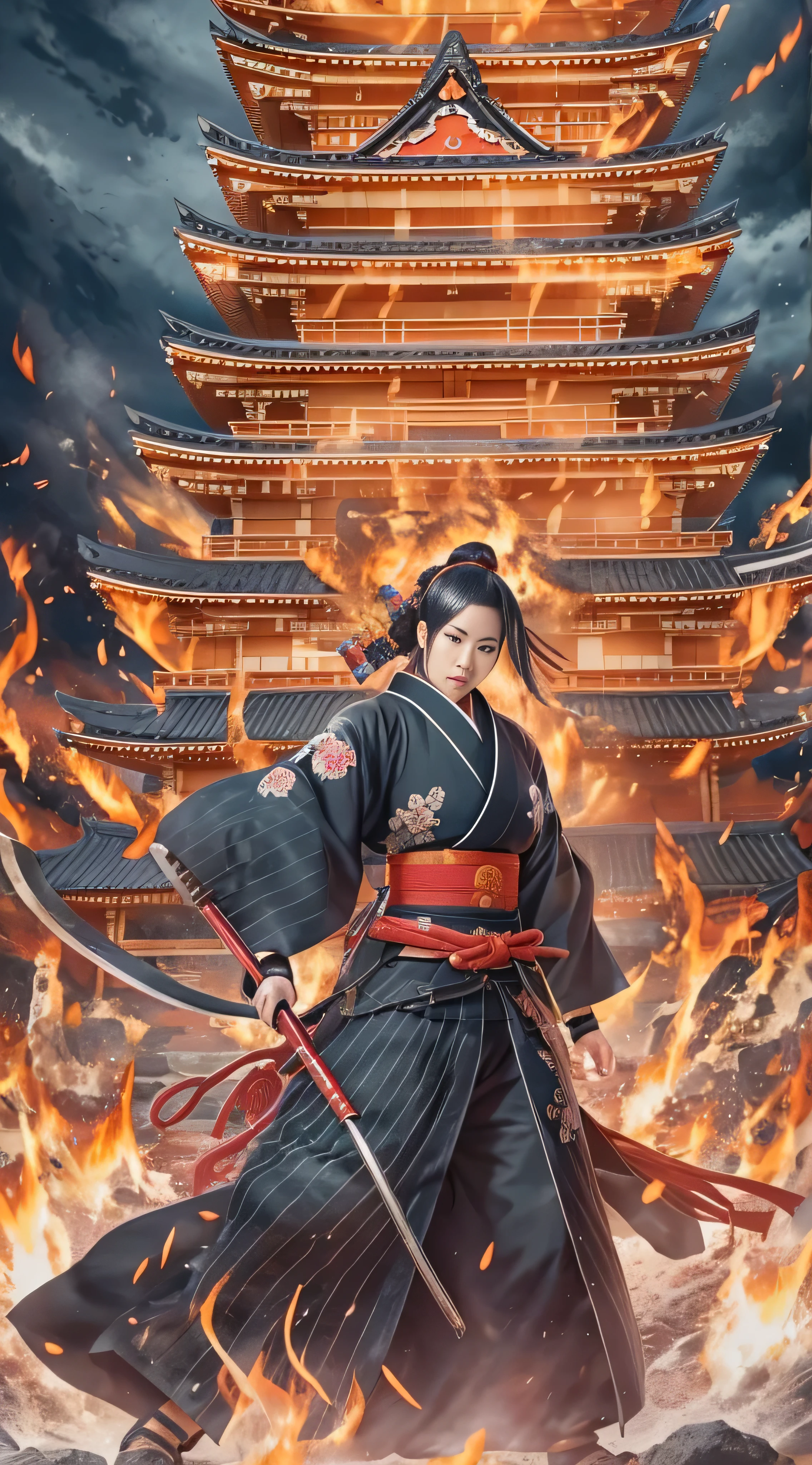  in high-definition images, A turbulent battlefield in the Sengoku period 、 Details of rich battle patterns , masterpiece, 8k,  Noichi at the mercy of Genki Nobunaga in the Sengoku period 、 A beautiful Kunoichi wearing a black costume is standing in front of the flames, Dancing, (Ishiyama Honganji Castle is burning,) Takunoichi to be engulfed in flames ,  burning,  Kinki region in the Sengoku period 、Genki 3 ( Battle at Ishiyama Honganji Temple )。