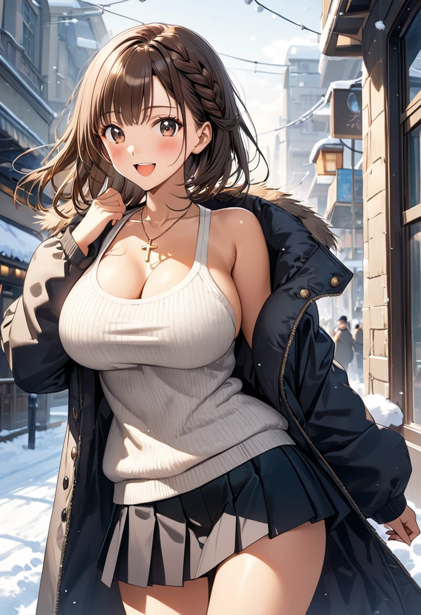 masterpiece, Best Quality, High resolution,16k,official art,super detailed skin,detailed,animated painting, Takarada Rikka ,1990s \(style\),(F cup big beautiful breasts)、clevage,25years old, (tall:1.2),height: 175cm,Sexy long legs,Fashion model body type,Medium Hair,forehead,Brown Hair,french braid,(simple coat,long-sleave knit,mini-skirt:1.3),white mini skirt,cross necklace,(tanned skin:1.3),Muscular、1girl,big laugh,Shy、Shyness,blush,Anime-style painting style,Close-up of the upper body,Cinematic lighting,superfine,magnificent view、in the city,morning,winter,snow,(sexy),closeup