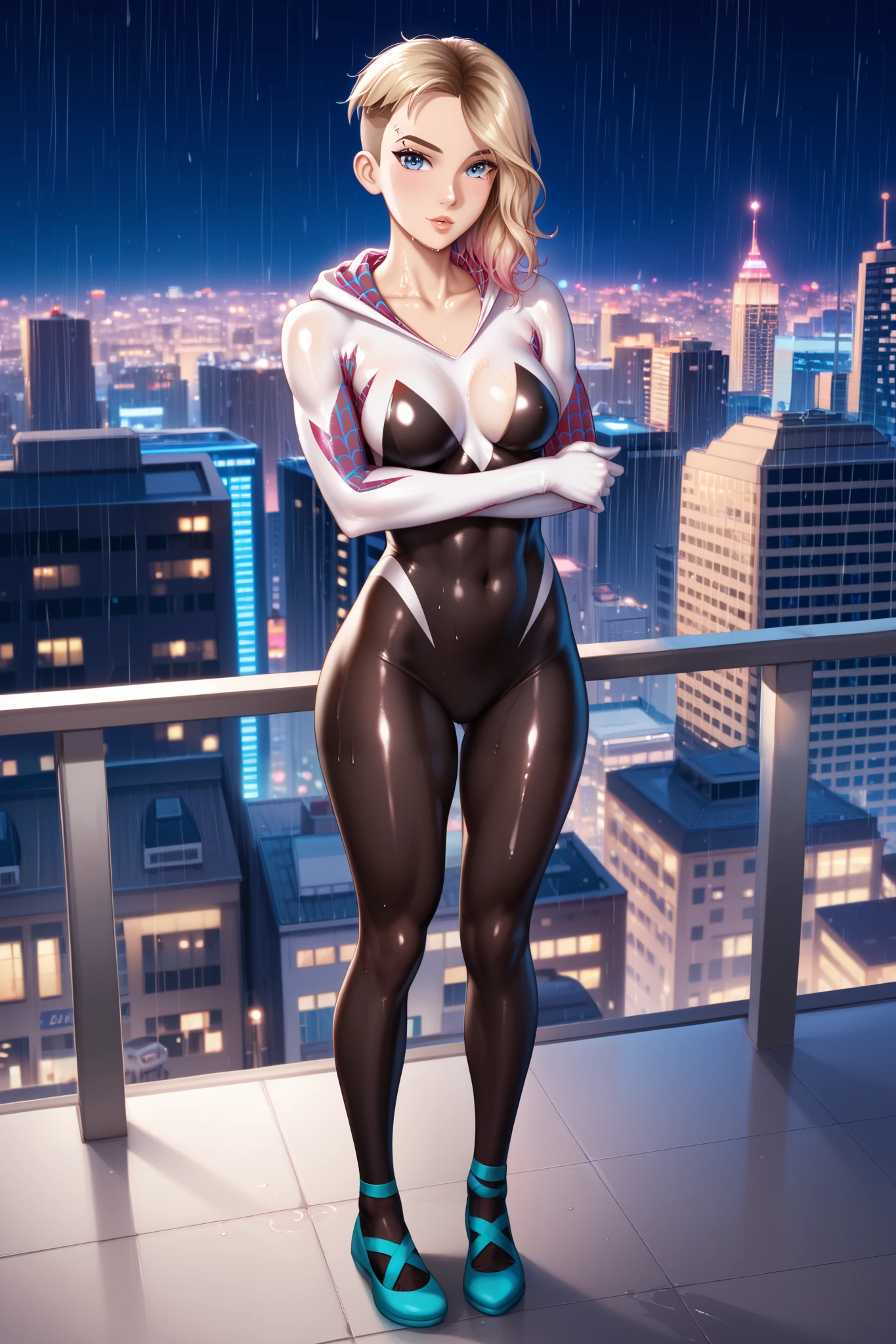 ((masterpiece)), ((best quality)), (detailed), beautiful dark lighting, perfect, luscious lips, Spider Gwen, spider gwen across the spider verse outfit, full body skin tight suit covering arms and legs, lean but muscular with a body type similar to those of a trained acrobat or gymnast, She has a short blond haircut with undercut, fully clothed, standing turned away looking back at the screen seductively with ass facing the camera, pink and blonde hair, full body, wet body, nice body, fit, thighs, curvy, sexy, beautiful legs, feminine body, thighs, curvy, sexy, complex detailed background, outdoor city rooftop, rainy city at night, city lights, dark beautiful lighting, (((oiled collarbones))), (((oiled collarbones))), Beautiful face, Perfect face, Defined facial features, hard bone facial bone structure, defined cheek bones, Highly detailed beautiful face and eyes, evil seductive face, Detailed face, Detailed skin