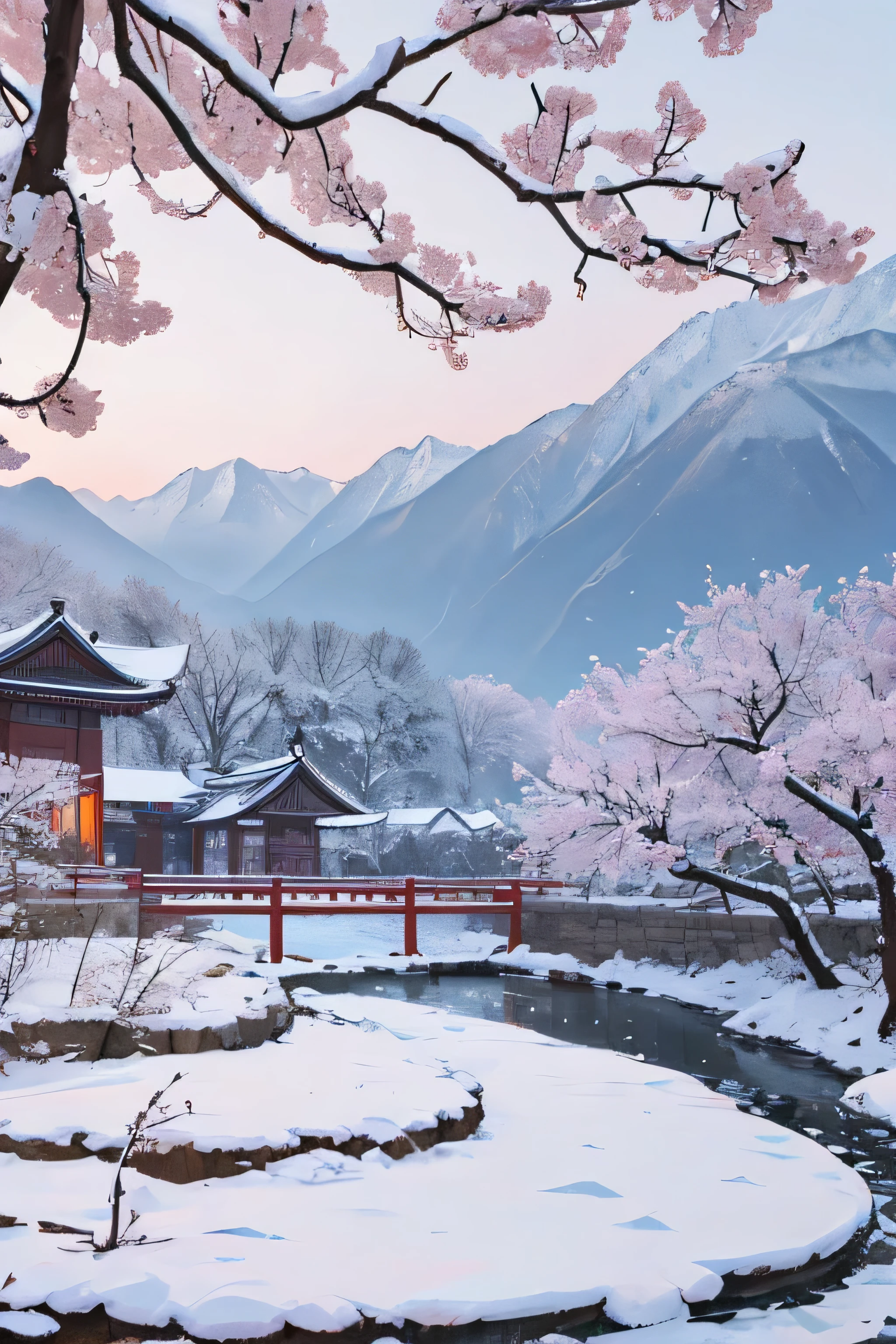 winter in China，very early in the morning，plum trees beside a small village，bright red plum blooms，swinging snowflakes，silent and equilibrious atmosphere