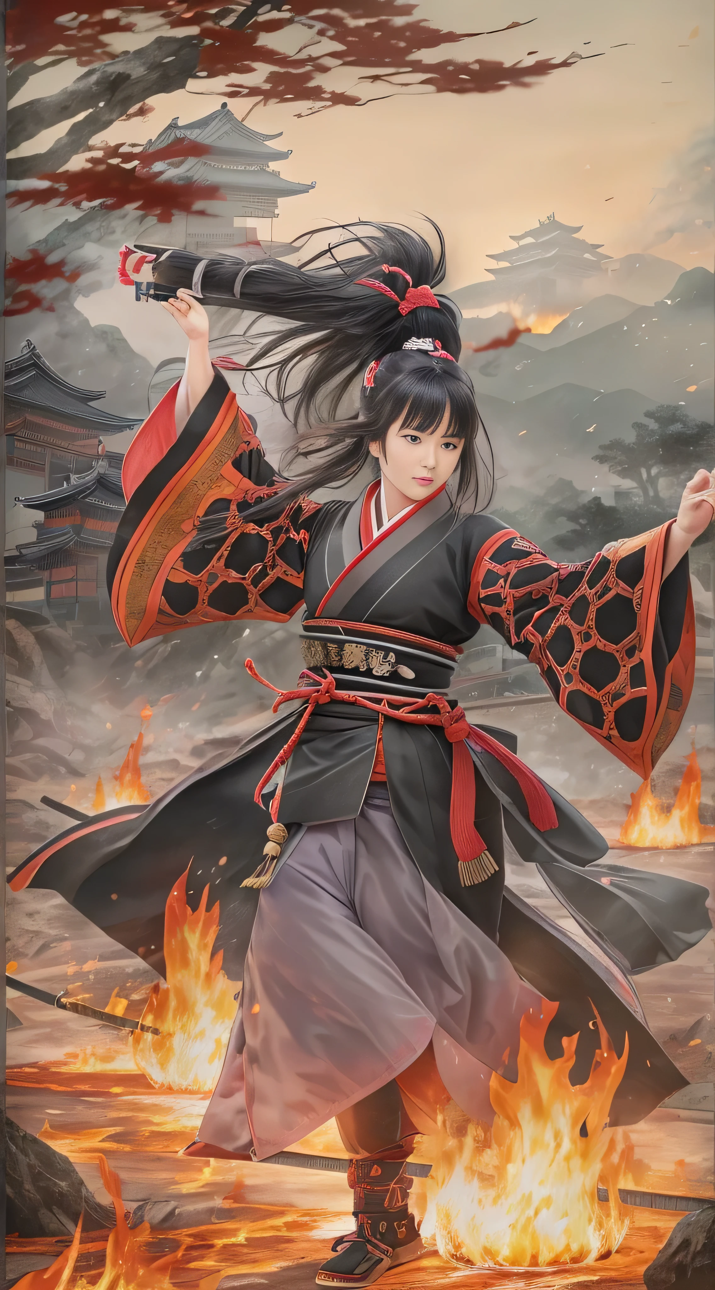  in high-definition images,high frequency: 1.8, Rich details, masterpiece, 8k,  at the mercy of Genki no Nobunaga in the Sengoku period 、 beautiful Kunoichi wearing a black costume is standing in front of the flames, Dancing, (Ishiyama Honganji Castle is burning,) Takunoichi to be engulfed in flames ,  burning,  Kinki region in the Sengoku period 、Genki 3 ( Battle at Ishiyama Honganji Temple )。