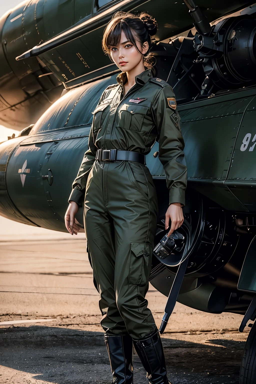 beautiful woman wearing American Null Military uniform、1 girl、(Delicate face、Detailed eyes and face、double eyelid、Glossy lips)、Dark brown updo、nullMilitary uniforms、Army Green Uniform、Highly detailed costume、There are many medal badges on the uniform、pants、boots、Fighter plane in the background、Mature adult woman、Slim Waist、Sharp long legs、(8k,highest quality, masterpiece、Ultra-high resolution)、Full body portrait, High-definition skin texture、null, Wind,Realistic、Official Art、ultra-realistic