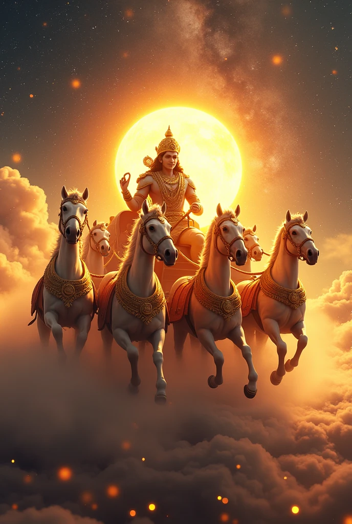 Lord Krishna is driving the 7 horses big chariot and Arjun is standing on the chariot and shooting the bow and Krishna has Sudarshan Chakra in his finger. In very dangerous war field. Lord Krishna shows wide gesture with millions of faces and hands and height cross the universe