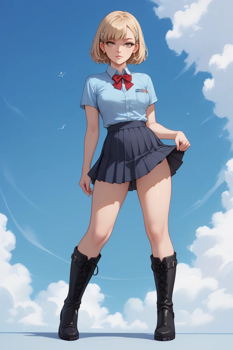 The woman has light blonde hair that falls past her shoulders, light skin, and large, expressive eyes that appear to be a light blue. She is wearing a reddish collared, short-sleeved top, and a light gray pleated mini-skirt. Her legs and feet are visible, extending from the skirt down to a pair of dark gray or black, over-the-knee boots. Her posture suggests that she is standing, and her arms are at her sides, with her hands slightly visible.