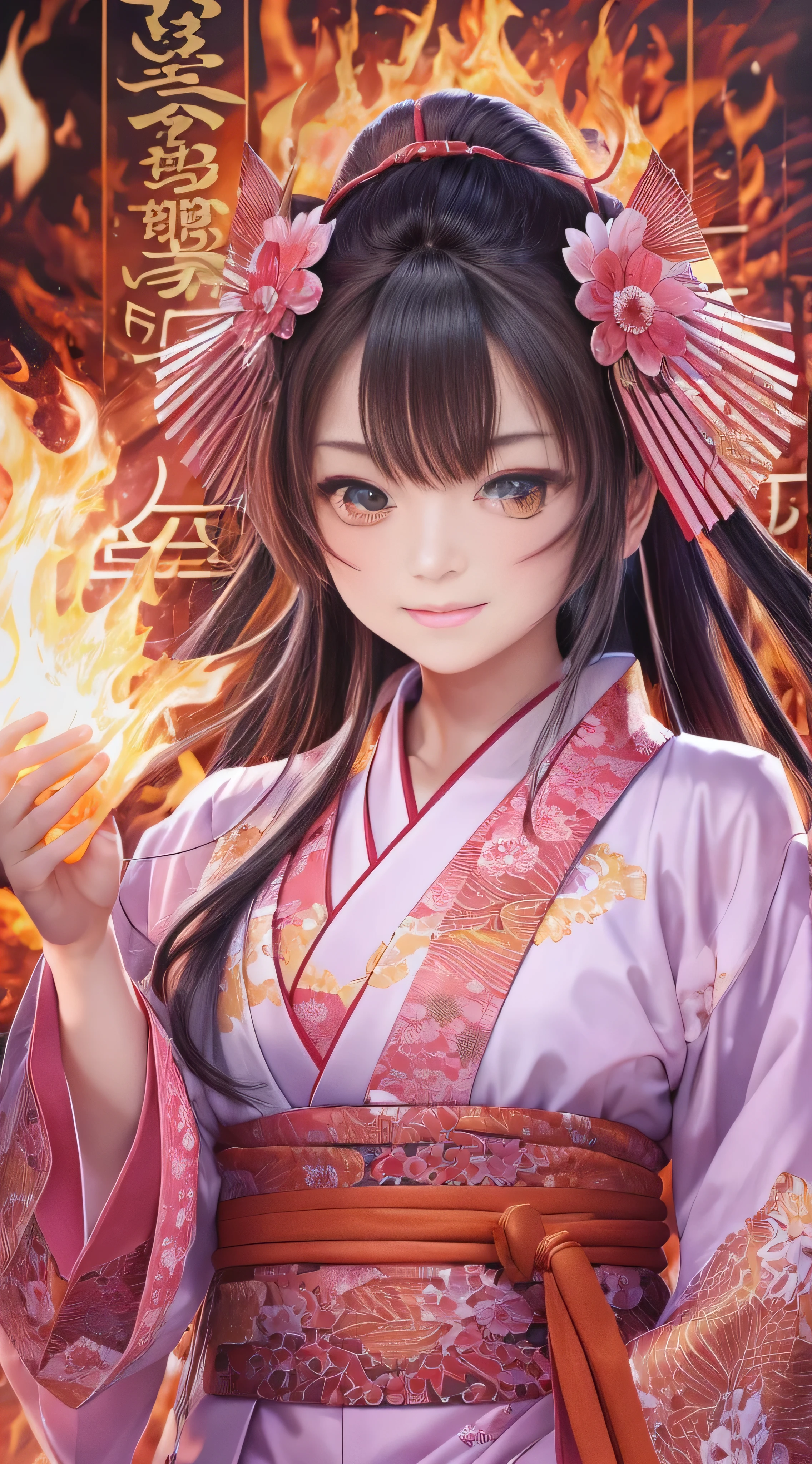  in high-definition images，high frequency: 1.8, Rich details, masterpiece, 8k,  A beautiful shrine maiden wearing a pink shirt is standing in front of the flames, Dancing, Fans waving, The fan is burning, Maidens engulfed in flames,  burning,  Battle in the Kinki region of the Sengoku period 。