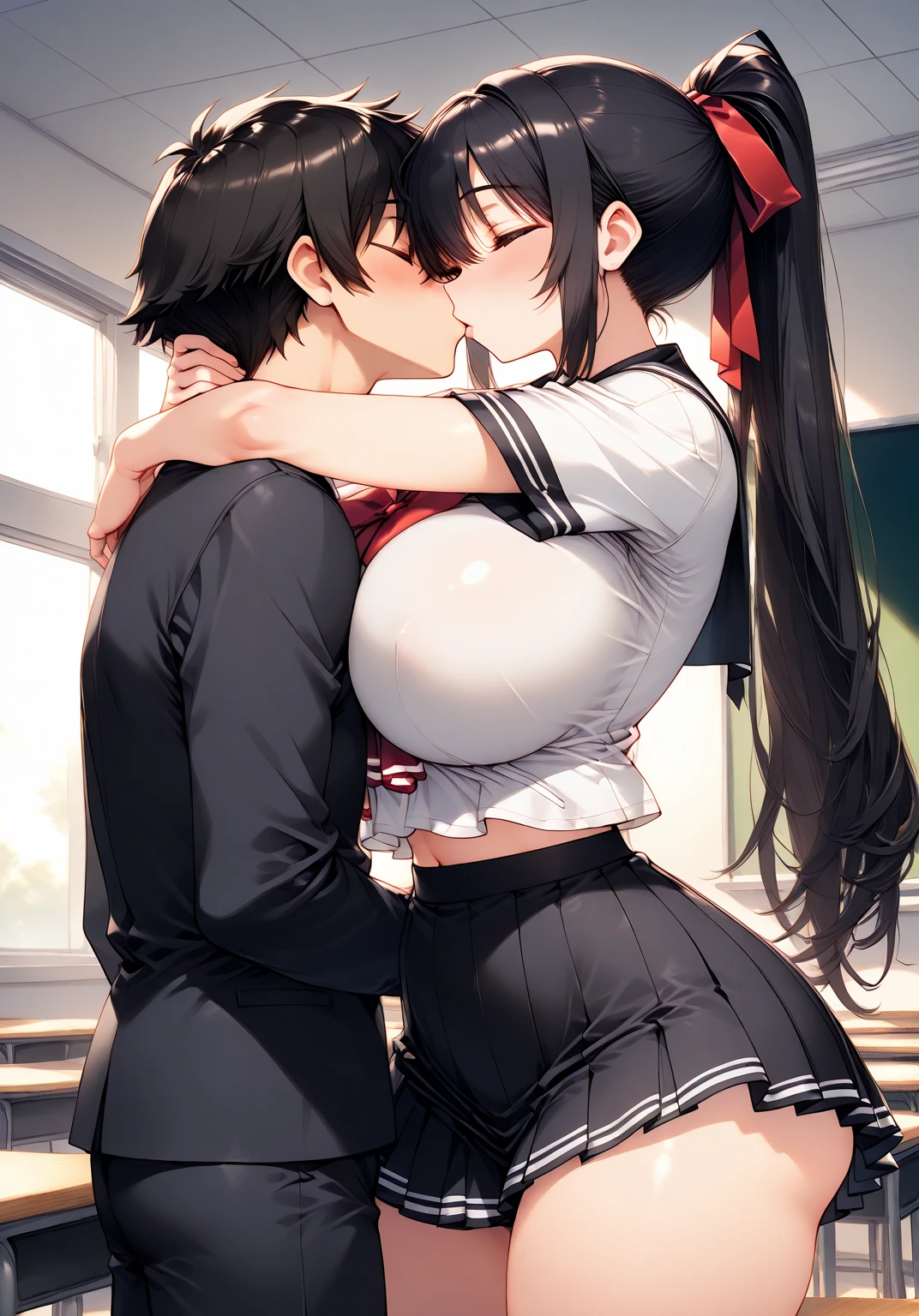 The Best Quality ,  source _anime,  Masterpiece, NSFW, Women (cuerpo completo, sexy, atractiva, curvy,  big breasts,  thin waist ,  big butt,  long hair , ponytail tied with a red ribbon ,  dressed in a school uniform with a short skirt),  hugging and kissing a boy ( Athletic and male body , short black hair, black schoolwear), in the classroom at dusk with the sunset as a background