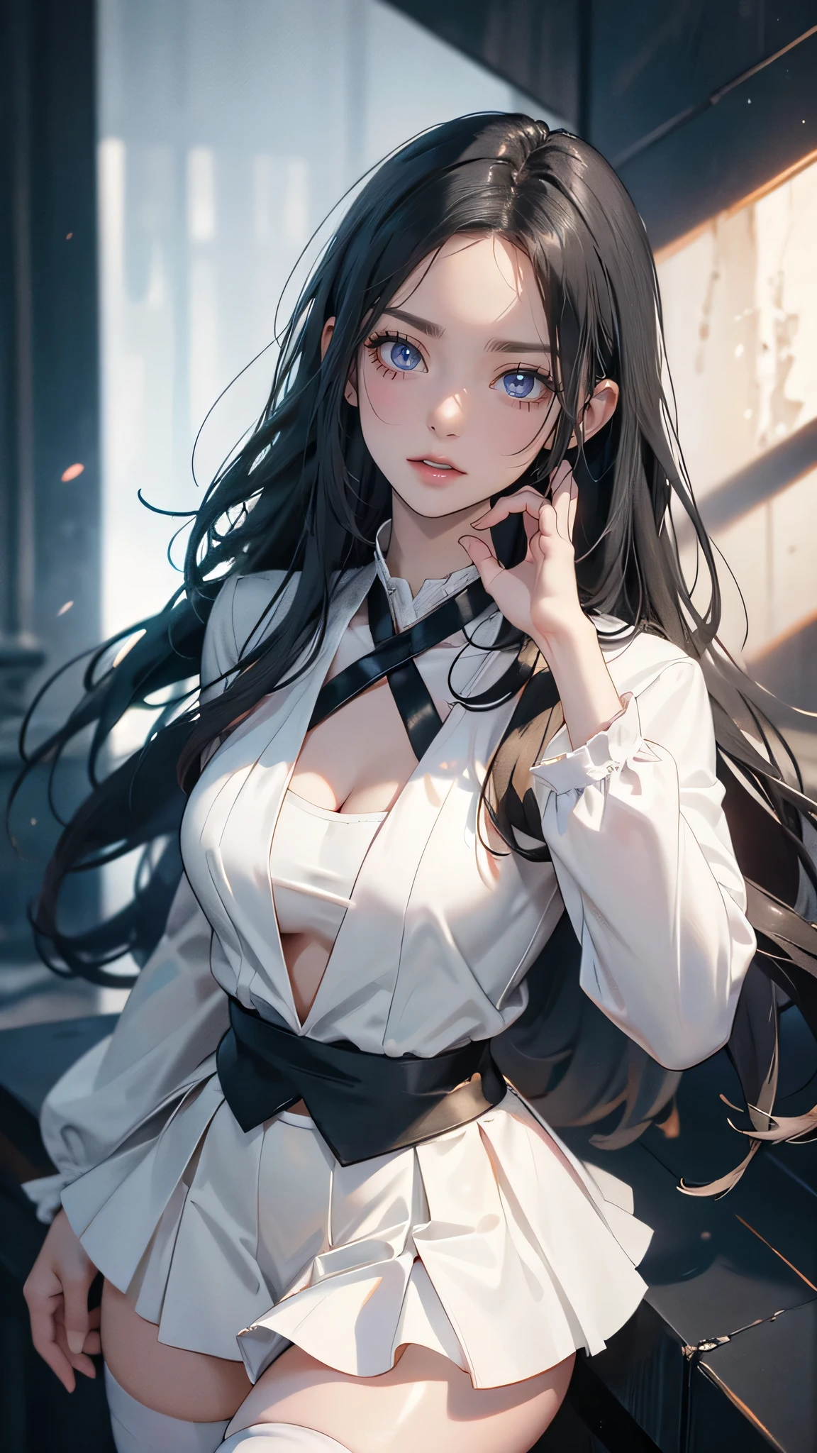 (table top, digital art, digital illustration, 4K, 8K, super detailed, beautiful images, clear image, realistic, RAW photo, perfect face, perfect lines, perfect eyes, soft lighting) 1 female, (long black hair,straight hair,Bullish gaze,beautiful woman,Solid makeup,23 year old female,small breasts:1.3),secretary, Two handsome men in suits, (human,Men in suits,muscular,Firm shoulder width,adult male,boyish hairstyle,british gentleman&#39;s style,A man in his 30s with a cool expression,28-year-old man with bright smile:1.2),Bright Western-style room、couple dancing、light、country style、k pop dance、sense of rhythm
