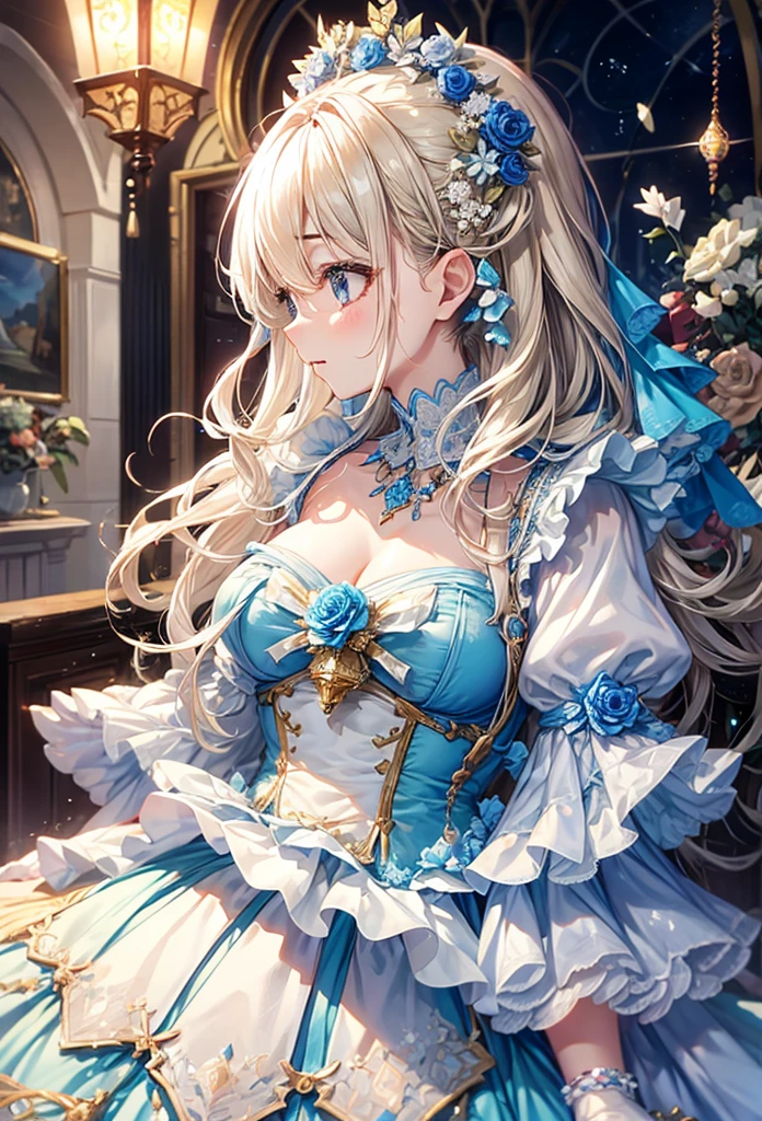 王室の豪華さand殿堂々and amazingly beautiful blonde fairytale princess who shines and splendor,  gorgeously worn  (((Exquisite ))),BREaK ,blue flower dress, (from front, on), (half body, on),白and青のブロケードのロイヤルブルーシンデレラボールガウン, and (((Large puff sleeves))) Hard bones, パディングandコルセットのボディ, Clockwise Slender , a ((( giant crinoline hope skirt )))  (((Bustering ))), Decorated and ribbons, bow, Rose, race, frilld, frilld, embroidery,  gems,  brilliantly curled 、Styled hair, Long white gloves, 真珠andダイヤモンドのネックレスandイヤリング