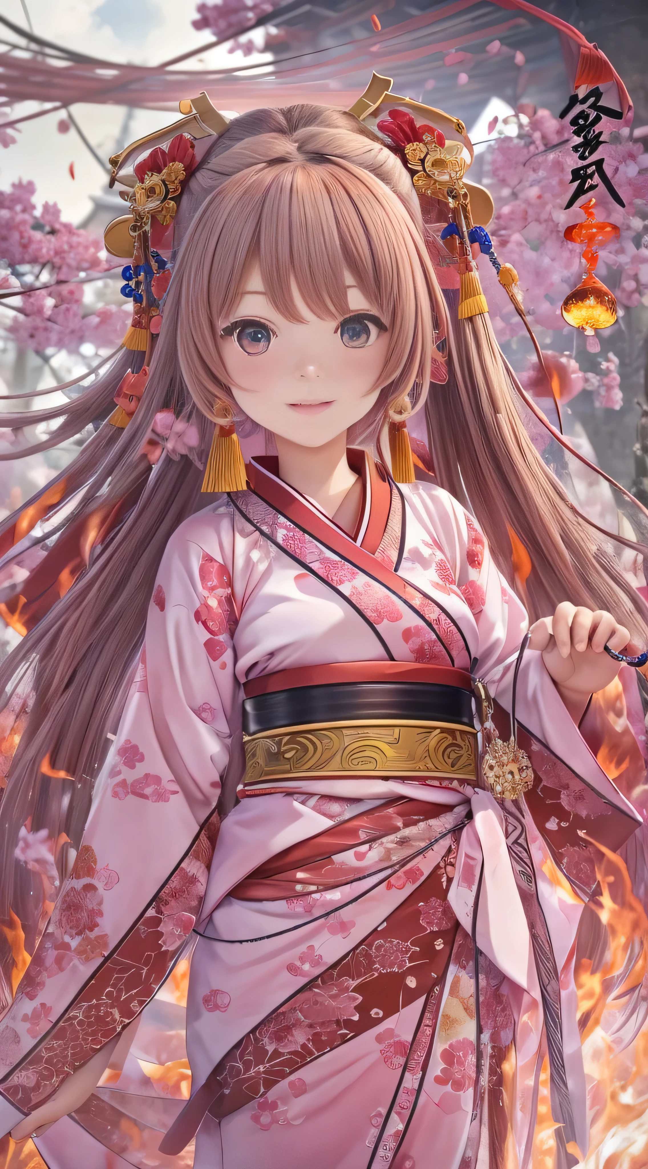  in high-definition images，high frequency: 1.8, Rich details, masterpiece, 8k,  A beautiful shrine maiden wearing a pink shirt is standing in front of the flames, Dancing, Fans waving, The fan is burning, Maidens engulfed in flames,  burning,  Battle in the Kinki region of the Sengoku period 。