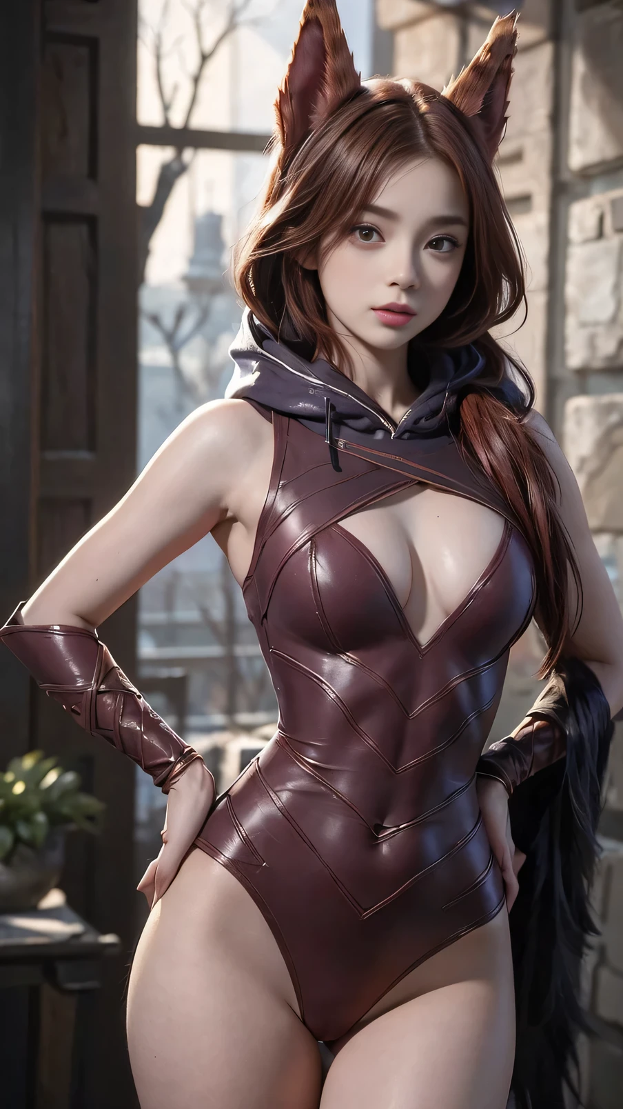 (masterpiece), 1 woman, 3d, Afterimage ,clear eyes, beautiful woman , 발가bare chest, Ninja Throat , bare shoulders , Leotard, nipples exposed,리그오브레전드 Victory ,깃털의 짙은 분홍색 Leotard, sexy pose,sexy pose, camel toe ,(( bare chest )), ( orange eyes ), (animal ears), (( big )), pretty face, (Divide ), (Hoodie), (...headland), Red hair, realistic, pretty, sexy, All clothes , cowboy shot , split sleeves , I'm holding it , Victory ( League of Legends ), lips, long hair, Alone