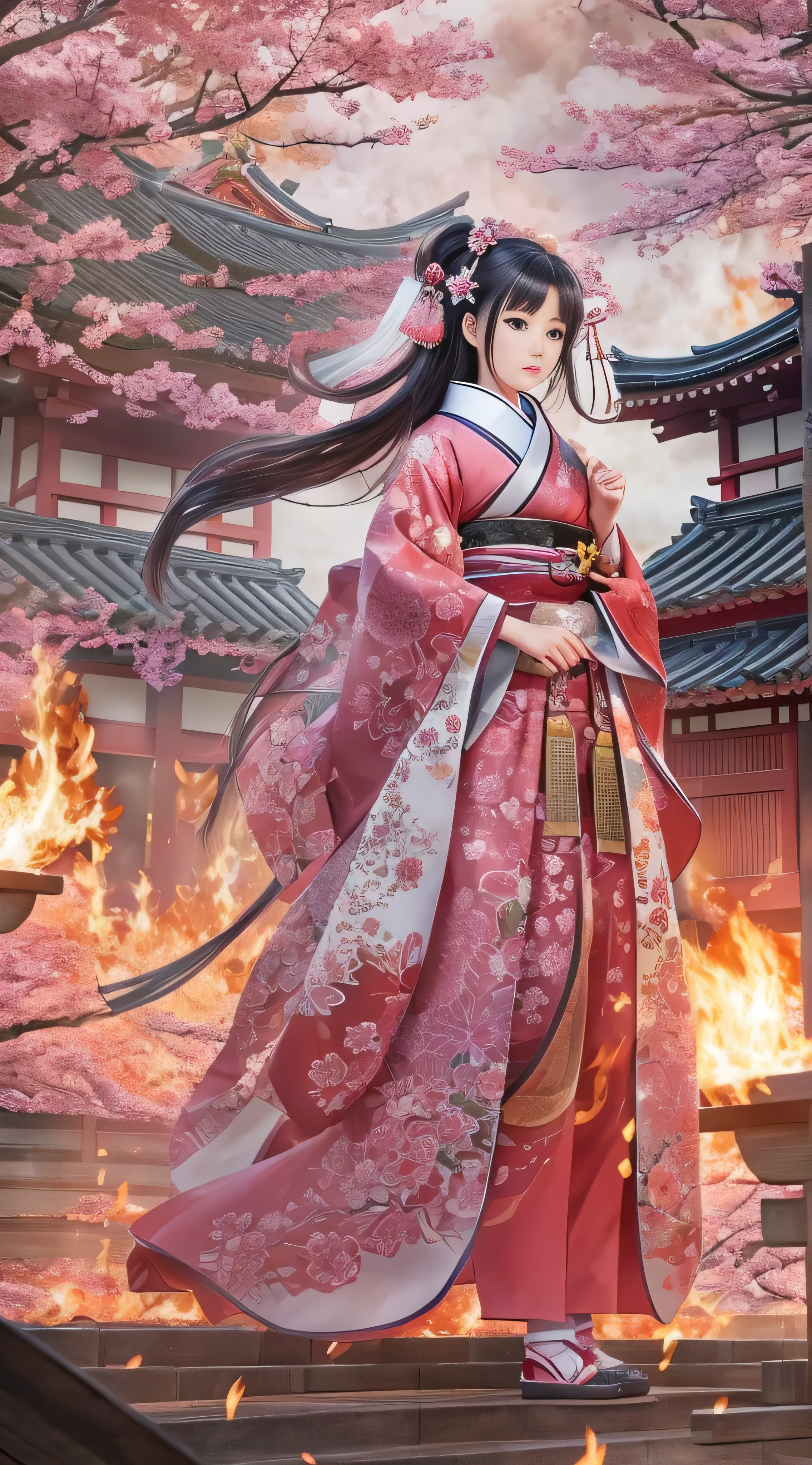  in high-definition images,high frequency: 1.8, Rich details, masterpiece, 8k,  Shrine maidens at the mercy of Genki no Nobunaga in the Sengoku period 、 A beautiful shrine maiden wearing a pink costume stands in front of the flames, Dancing, Fans waving, The fan is burning, Maidens engulfed in flames,  burning,  Kinki region in the Sengoku period 、Genki 3 （ Battle at Ishiyama Honganji Temple ）。