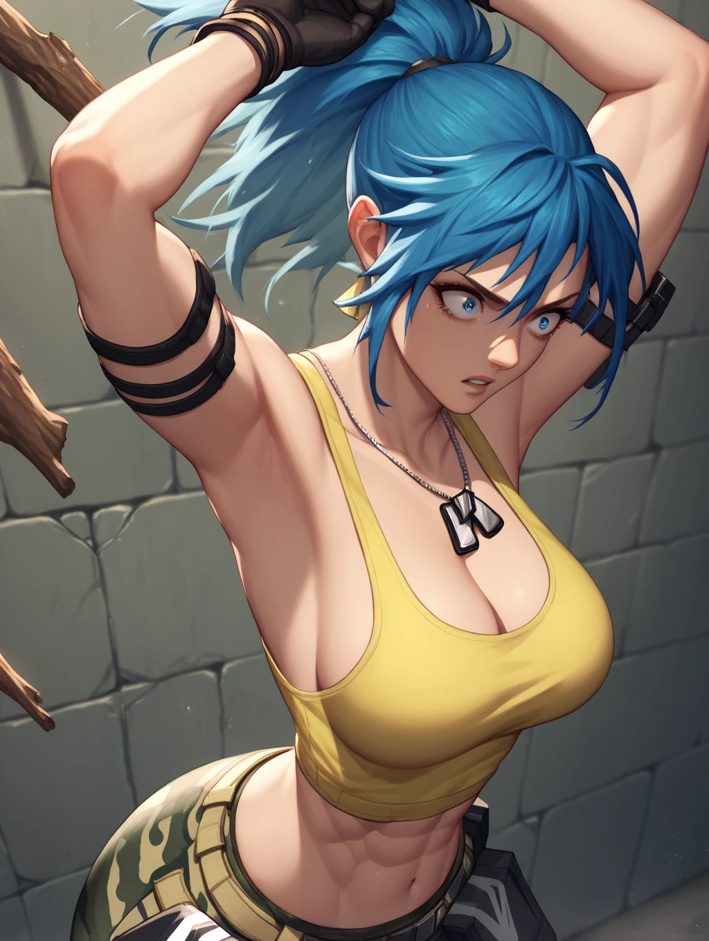 PonyLeona, dark yellow tank top, midriff, cleavage, camouflage pants, triangle earrings, black gloves, looking at armpit, parted lips, blue hair, blue eyes, ponytail, dog tags, military background, armpit open up, hands tied, scared facial expression, muscular, shoulder bracelet, tied to the wall, stick on the wall, looking at armpit