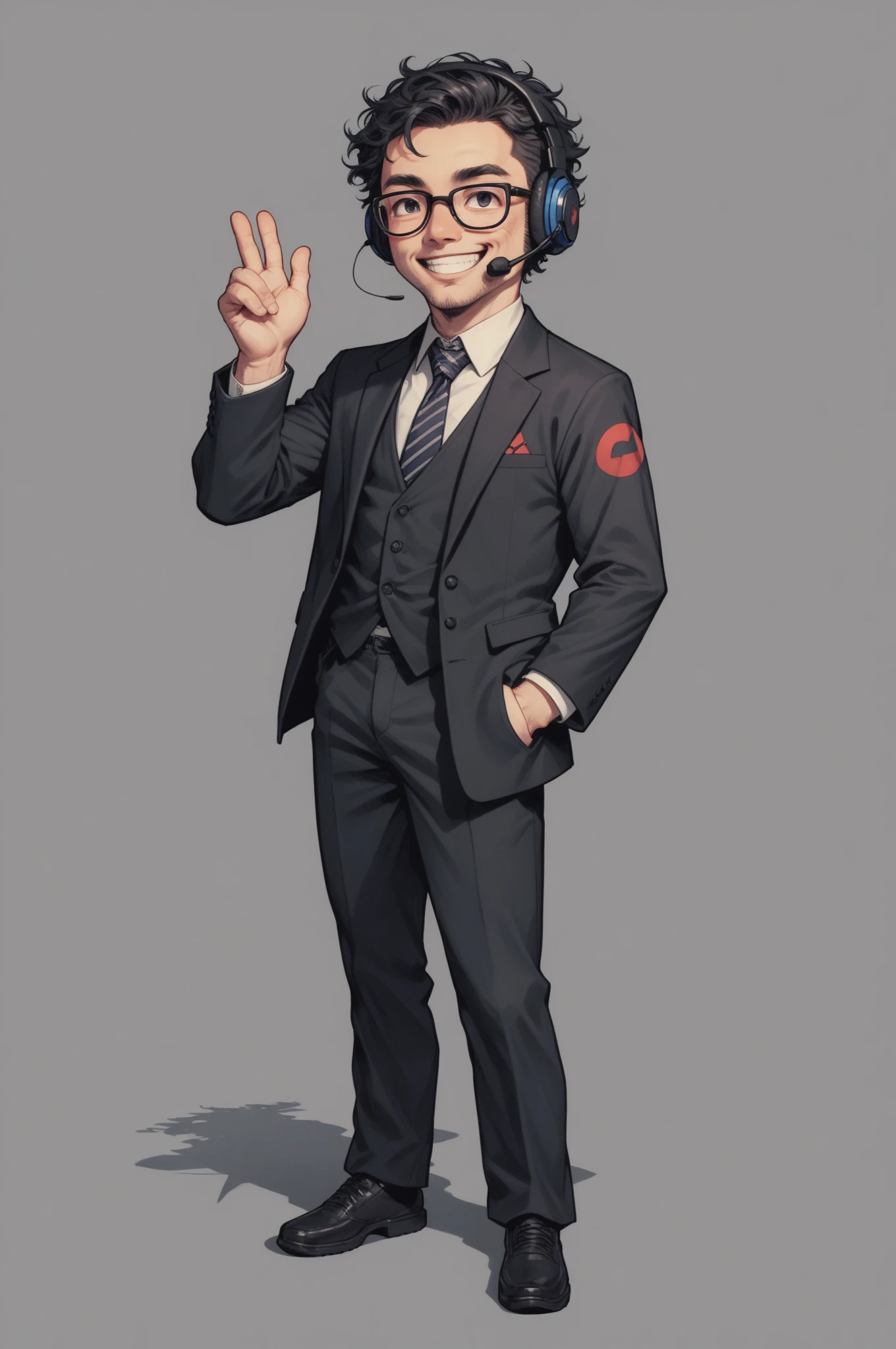 Japanese man, one person, black wavy hair, semi-short hair, wearing glasses, Front facing, gaming headset, full body image, black suit, icon, smiling, chibi, kawaii