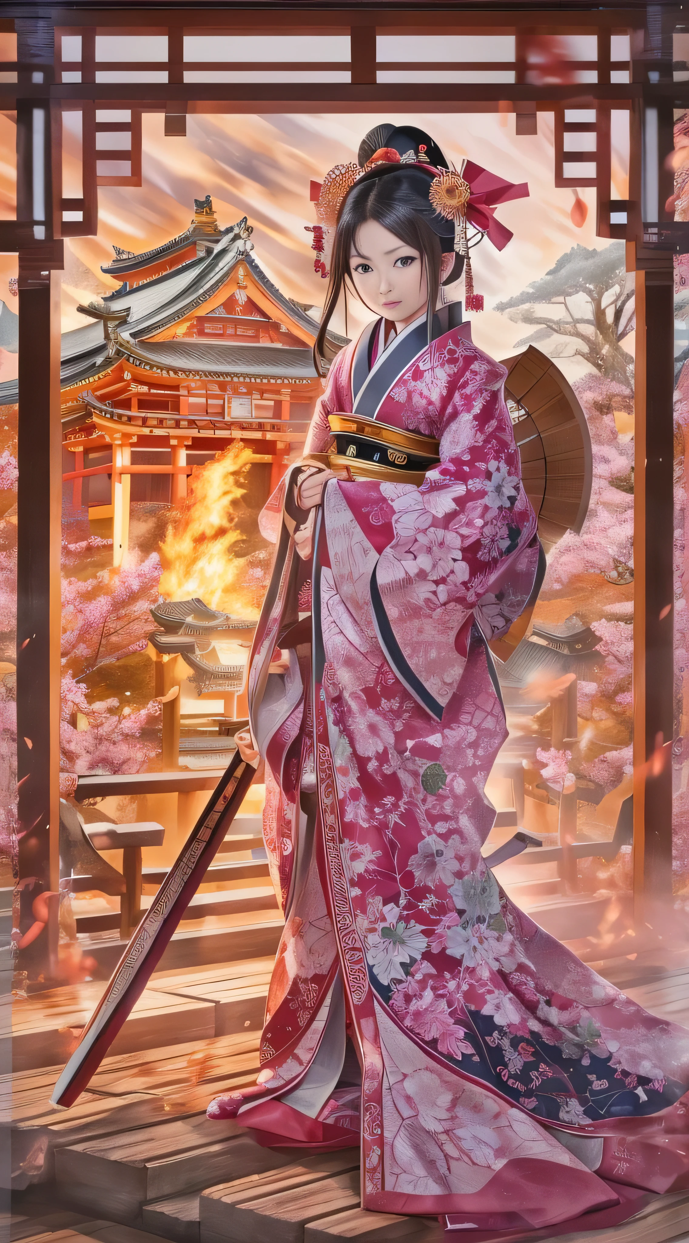  in high-definition images,high frequency: 1.8, Rich details, masterpiece, 8k,  Shrine maidens at the mercy of Genki no Nobunaga in the Sengoku period 、 A beautiful shrine maiden wearing a pink costume stands in front of the flames, Dancing, Fans waving, The fan is burning, Maidens engulfed in flames,  burning,  Kinki region in the Sengoku period 、Genki 3 （ Battle at Ishiyama Honganji Temple ）。