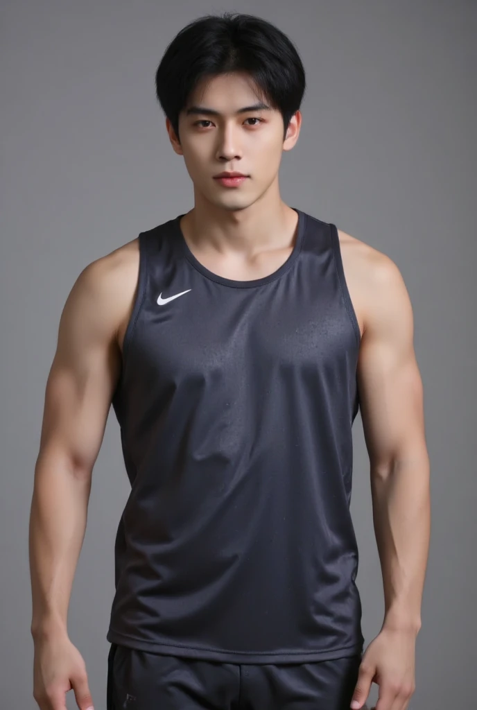 Back from the gym 、 handsome Asian Korean man、 wearing sportswear 、sweat、 high image quality、 as realistic as in the picture、 clothes that are less revealing、I'm wearing a jersey top and bottom