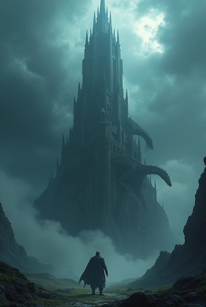 a massive dark magic tower with swirling thunderclouds, guarded by a colossal dragon, surreal fantasy background, cinematic lighting, intense atmosphere, (best quality,4k,8k,highres,masterpiece:1.2),ultra-detailed,(realistic,photorealistic,photo-realistic:1.37),HDR,UHD,studio lighting,ultra-fine painting,sharp focus,physically-based rendering,extreme detail description,professional,vivid colors,bokeh