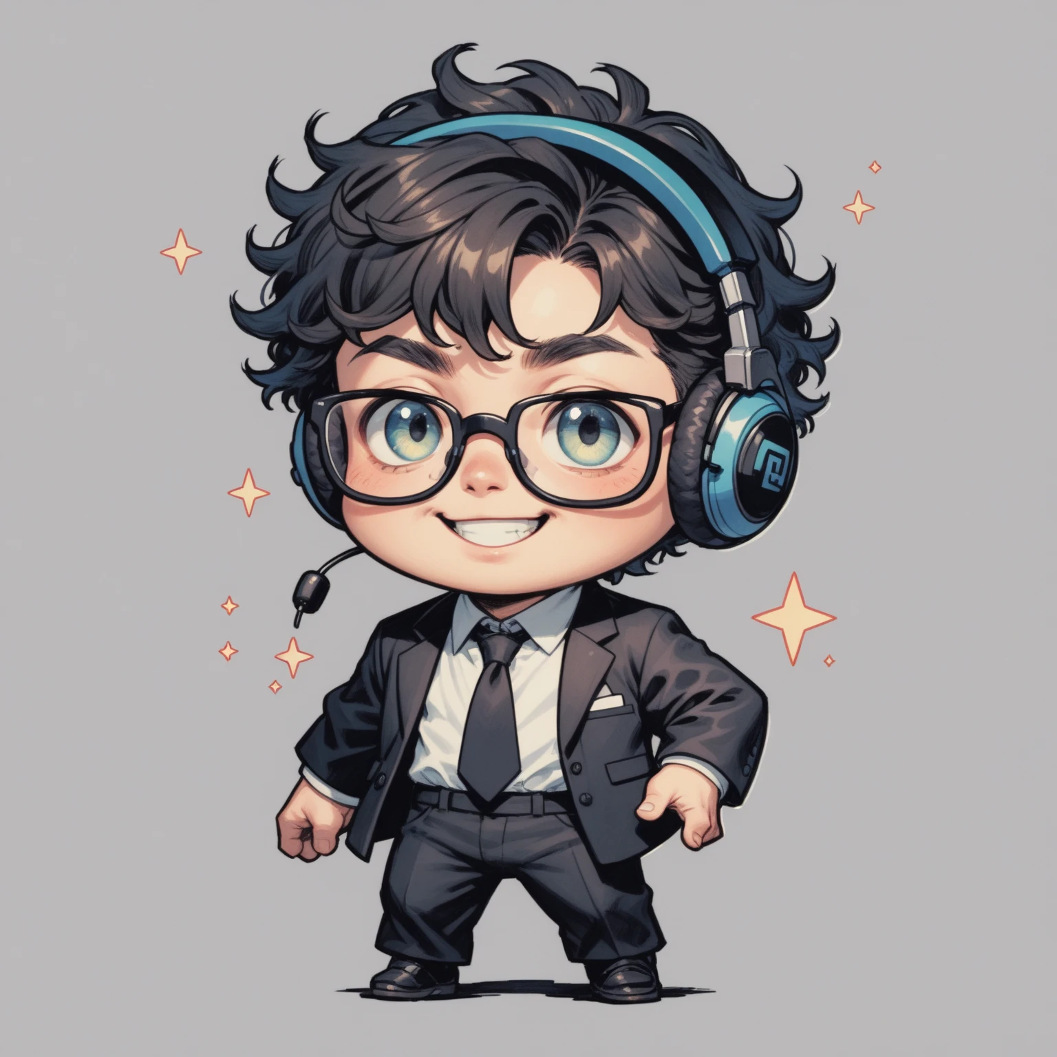 Japanese man, one person, black wavy hair, semi-short hair, wearing glasses, Front facing, gaming headset, full body image, black suit, icon, smiling, chibi, kawaii