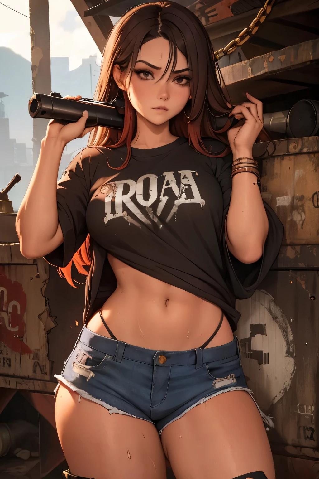 Hot girl. Colombian. Thick. Narcotraficante. Guns. Rusty bunker. Jungle. Tattoos. Sweaty. Sexy. Baggy shirt. Minishorts. Pistola. Gun. Badass. Scars. Thick thighs. Thonge strings. Dark brown hair. Piel bronceada.