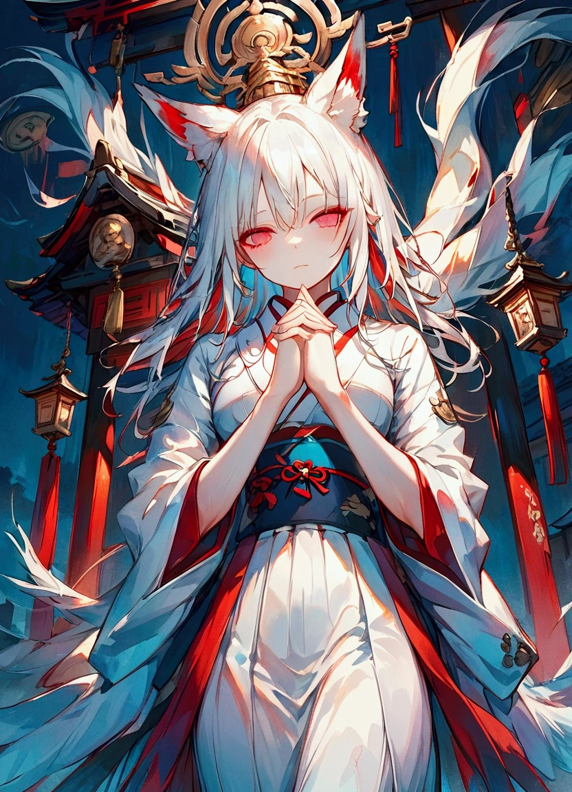 Masterpiece, highest resolution, highest quality, detailed depiction, beautiful, art, watercolor style,  full body shot 、Japanese yokai, ((nine-tailed fox)), full body shot 、Left side shot 、 shot from left、 anthropomorphized fox, fair skin, slender eyes with distinct red eyeliner, Beautiful silver hair, long hair, fox ears emerging from the head, beautiful white and red kimono, cool beauty, midnight,   praying with hands together 、Close your eyes、Praying pose、 put hands together in front of face、 full body shot 、shrine、Hondo、Background with an offering box 、 4K graphics.