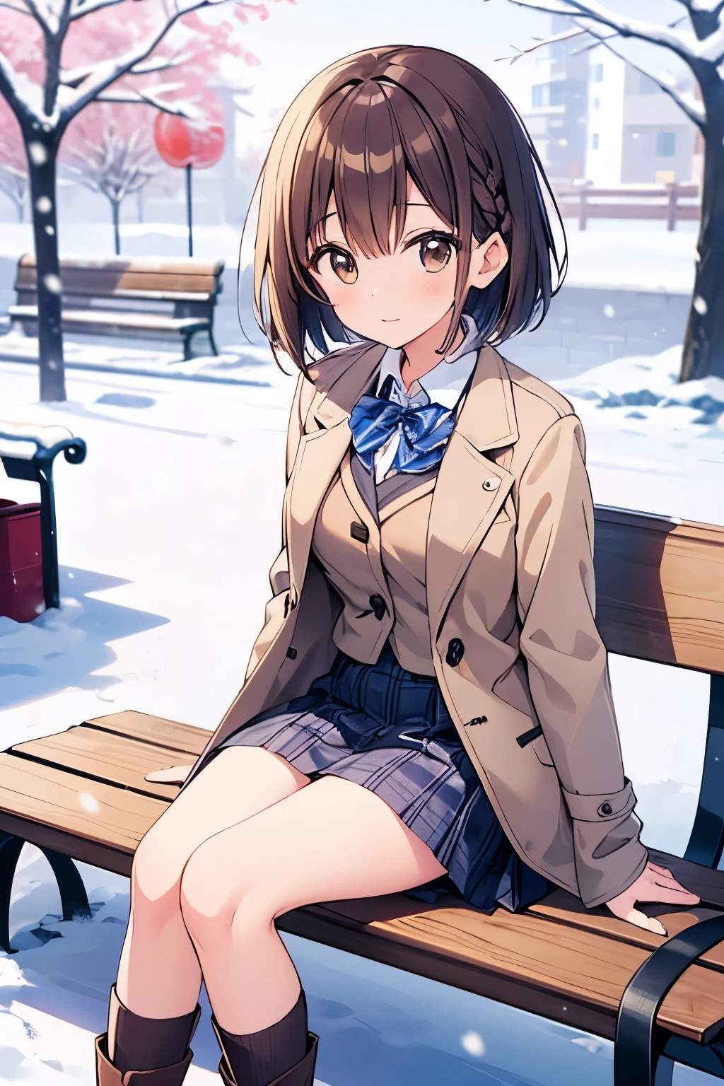 Anime girl sitting on a bench in the snow - SeaArt AI
