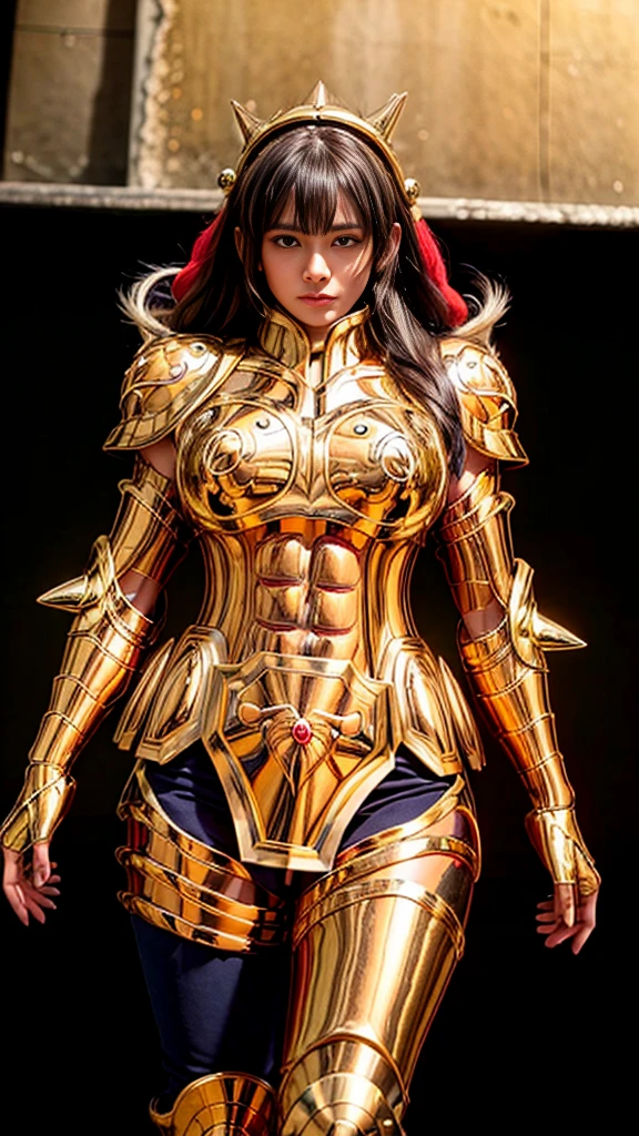 Ultra high saturation（masterpiece）， Full body photo，（The best quality）， （1 girl），White hair,  realistic, (1 woman), hiper realistic, Wearing a shiny golden armorSexy lingerie type armor，expose your chest，Expose the waist，Exposing the thighs，Pose genial， Saint Seiya Armor，violet hair，High level of detail, anime style, cinematic lighting, Shine, Light of God, ray tracing, film grain, HD Hypertelevision, skin texture, Super detailed, Anatomically correct, A high resolution，yellow eyes, Ultra high saturation，high contrast，High gloss armor，Soft leather，An insidious smile，Mentir de manera realistic，（masterpiece，Upper Cuority，The best quality，official art，Beauty and aesthetics：1.2），He is very detail-oriented.，s fractal art，extremely colorful, breasts, big breasts, 8K, high resolution. ,mountain ,snow, snowy, winter,, horn Taurus saint gold, ((wearing red hat santa claus)) 