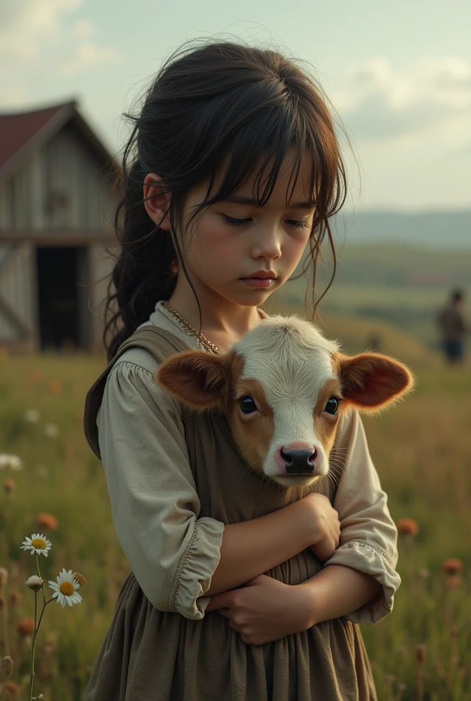 A cute little girl, smiling, head down, sitting on grass holding calf feeding milk, bottle, milkman, cow milking, prairie, clover, flower, pasture, herd, brown hair, bangs, short hair, atmospheric perspective, panorama, perspective, canon, bokeh, depth of field, high detail, pixar, high detail, high detail, high resolution, textured skin, 4K