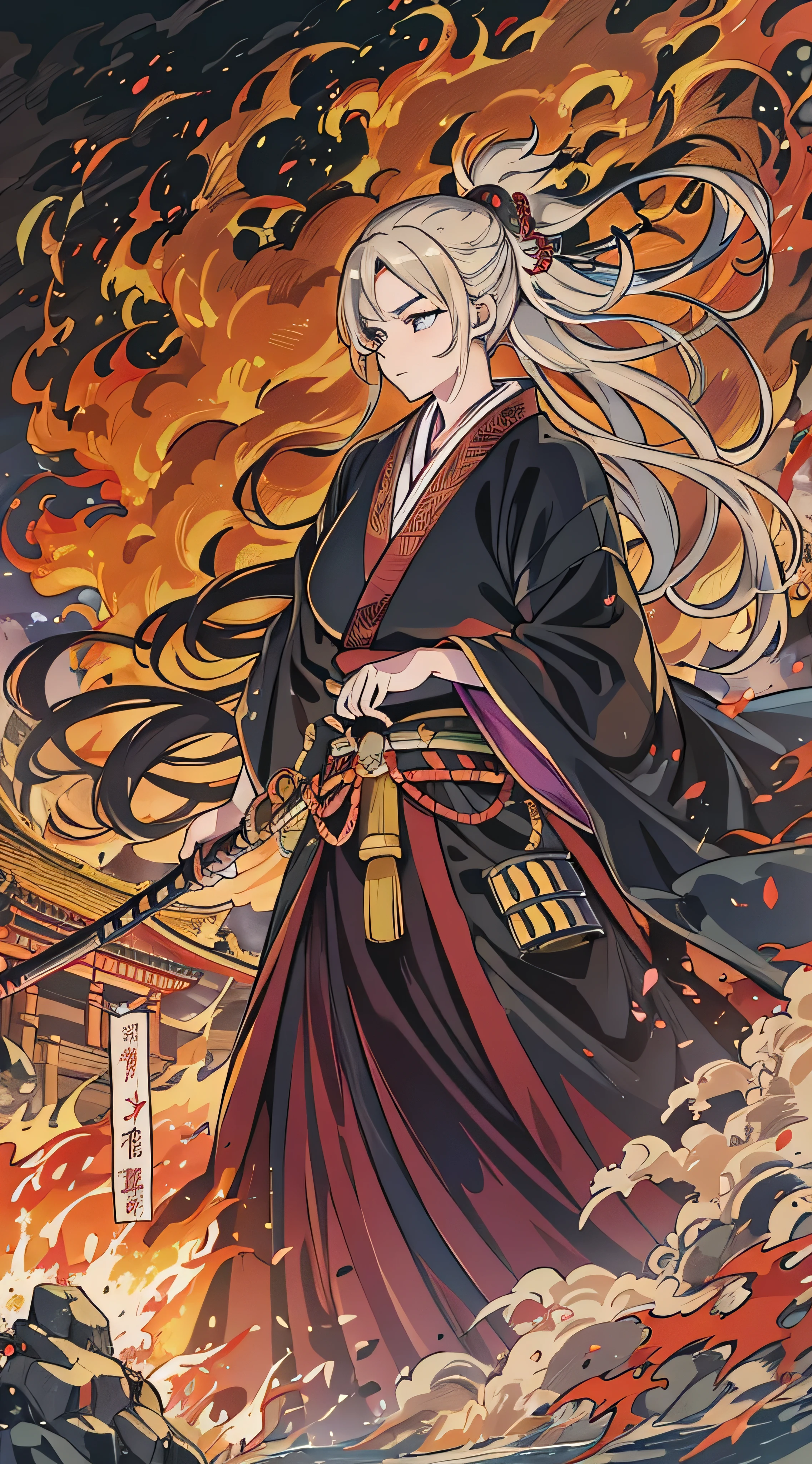  in high-definition images, Battlefields in the Sengoku period 、  Abundant battle patterns detailed, masterpiece, 8k,  at the mercy of Genki no Nobunaga in the Sengoku period 、 beautiful Kunoichi wearing a black costume is standing in front of the flames, Dancing, (Ishiyama Honganji Castle is burning,) Castle engulfed in flames ,  burning,  Kinki region in the Sengoku period 、Genki 3 ( Battle at Ishiyama Honganji Temple )。