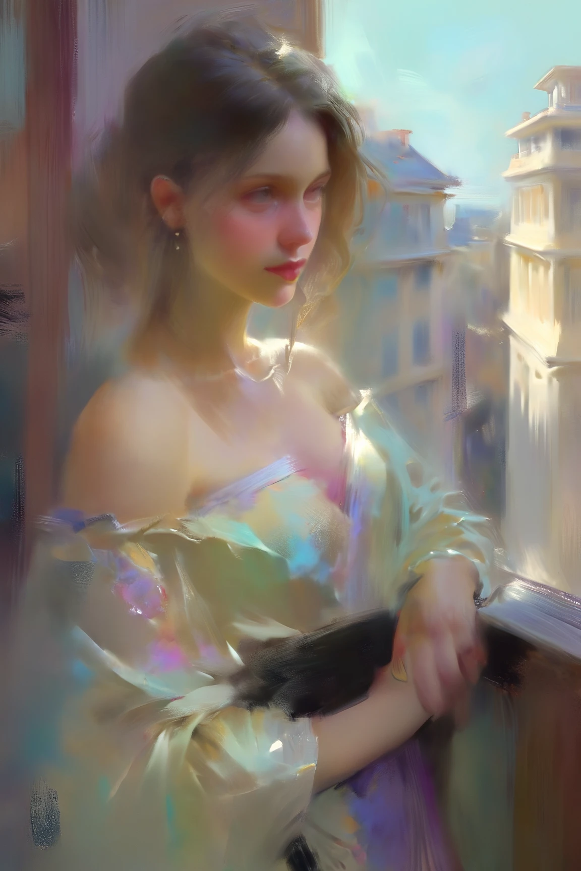 pastel portrait, shoulder lose dress,Позитив Клип L 8k, отмеченный наградами, proФessional close up, style oФ Casey Baugh, style oФ Pino Daeni, beautiful woman reading book on a balcony by the sea