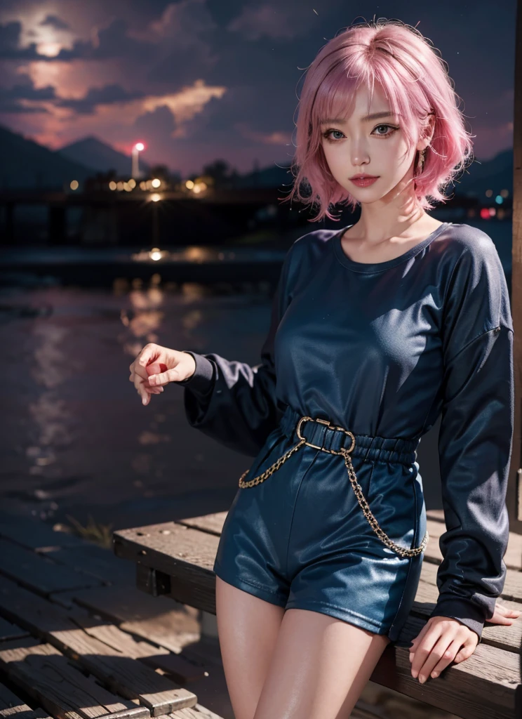 RAW shooting,12k, 最high quality, masterpiece, 超High resolution, (Realistic:1.4), RAW Photos, 1 girl,, short hair, (masterpiece, 最high quality, high quality, High resolution, Very detailed),pink hair, (Night lighting:1.4), Cyberpunk attire、Layer Color、Clothes with lots of zippers、Baggy clothes、white, pink, Blue and yellow clothes、Looking at the audience、Near future