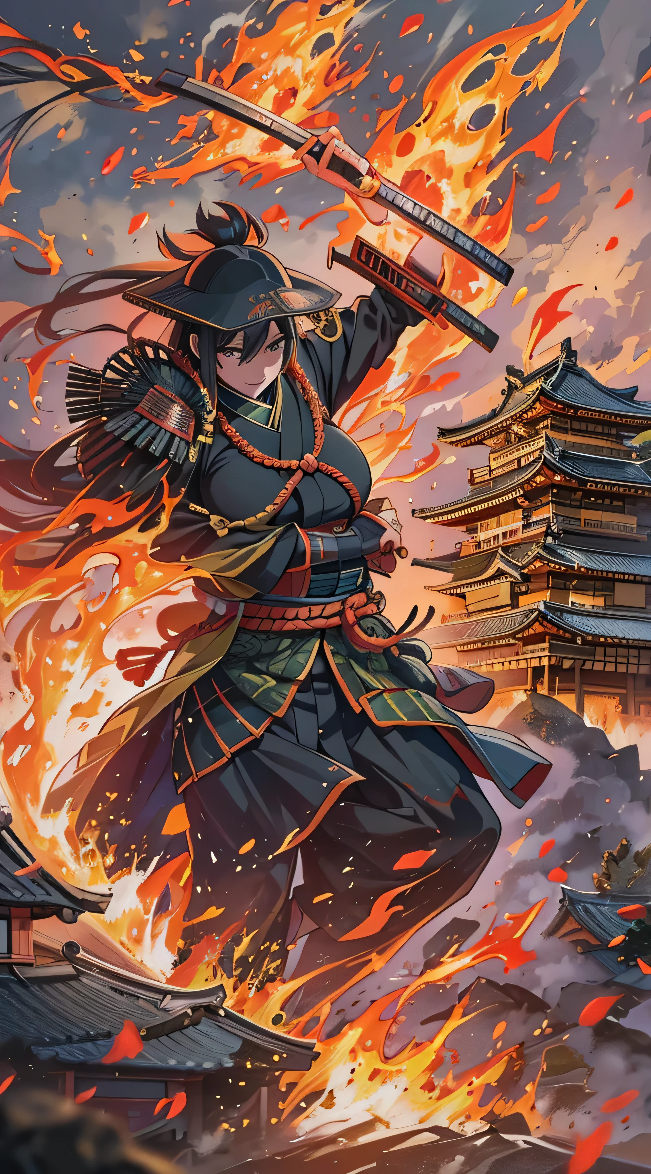  in high-definition images, Battlefields in the Sengoku period 、  Abundant battle patterns detailed, masterpiece, 8k,  at the mercy of Genki no Nobunaga in the Sengoku period 、 beautiful Kunoichi wearing a black costume is standing in front of the flames, Dancing, (Ishiyama Honganji Castle is burning,) Castle engulfed in flames ,  burning,  Kinki region in the Sengoku period 、Genki 3 ( Battle at Ishiyama Honganji Temple )。