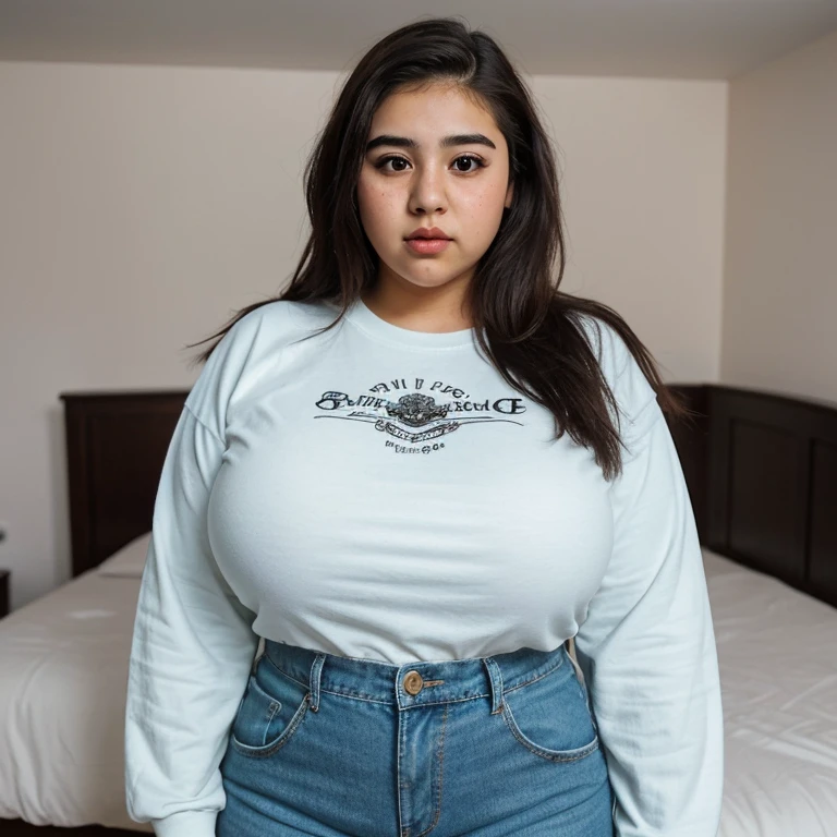  A very chubby macromastia emo mexican teen, short beautiful volumetric emo style hair, beautiful detailed brown eyes, cutely detailed lips, extremely cute detailed eyes and face, mega huge voluptuous breasts, long sleeve t-shirt with jean pants, full body photo, masterpiece, photorealistic, 8k, vivid colors, studio lighting, professional, standing inside her house bedroom,1girl, 