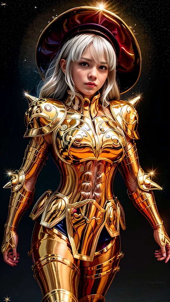 Green Slime AI,Super high saturation,(masterpiece), full-body shot,(best quality), (1 girl), starry sky background,Wearing shining golden armor, Sexy lingerie type armor,show your breasts,Expose the waistline,Showing thighs,cool pose, Saint Seiya Armor, messy hair,high detail, anime style, movie lighting, spark, divine light, Ray tracing, film grain, ultra high definition, textured skin, Ultra-detailed, anatomically correct, high resolution,Super high saturation,high contrast,High-gloss armor,smooth skin,serious expression,darkroom,